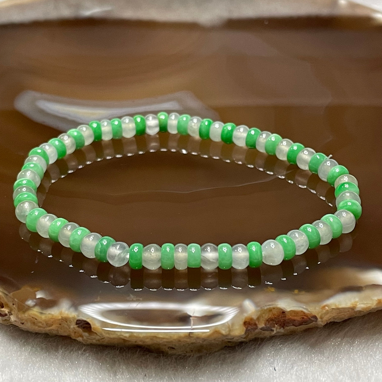 Type A Semi Icy & Apple Green Jade Jadeite Bracelet 7.21g 4.7mm/bead 64 beads - Huangs Jadeite and Jewelry Pte Ltd