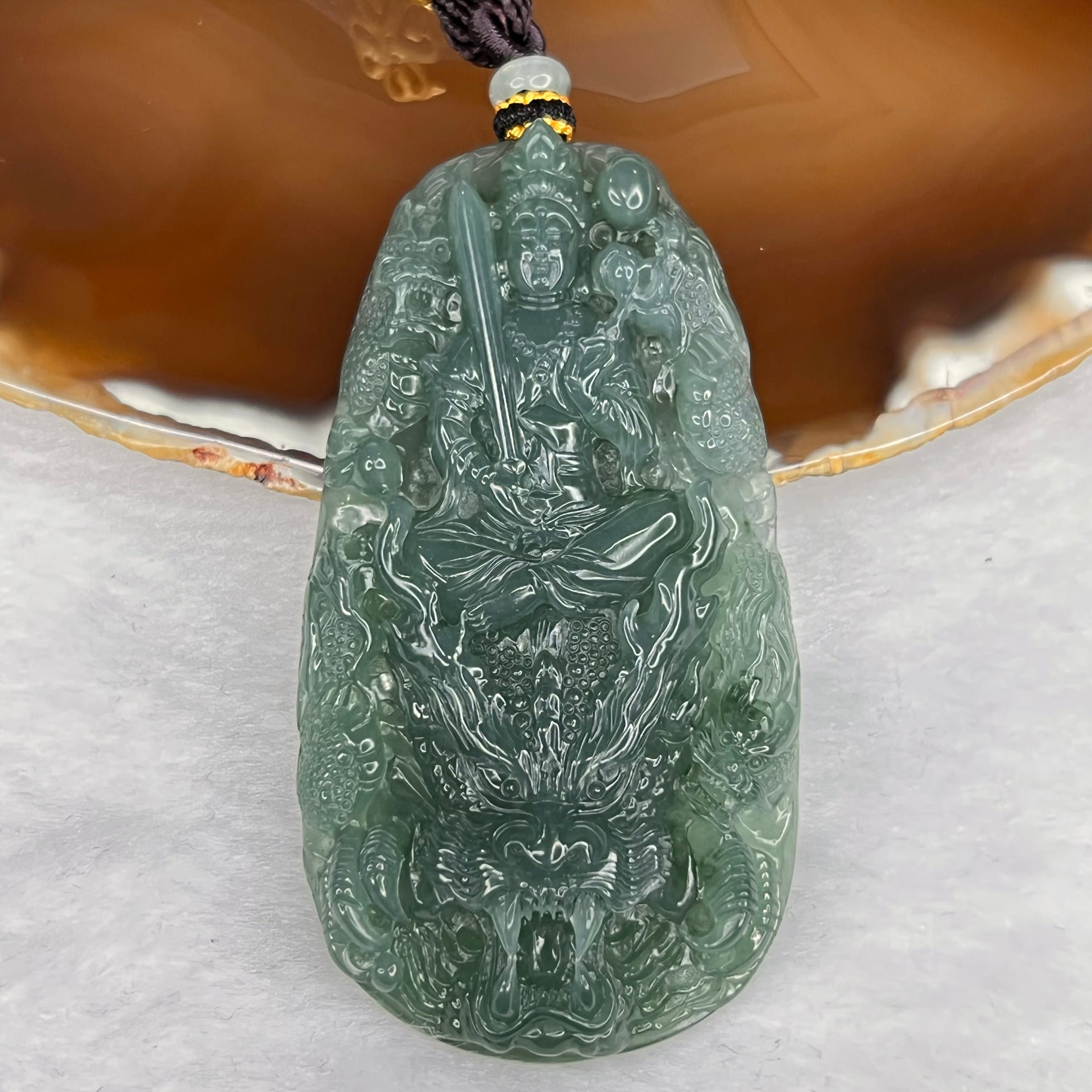 Grand Master Certified Type A Semi Icy Blueish Green Jade Jadeite Guan Yin with 9 Dragons Pendant 53.82g 73.0 by 39.0 by 10.0 mm - Huangs Jadeite and Jewelry Pte Ltd