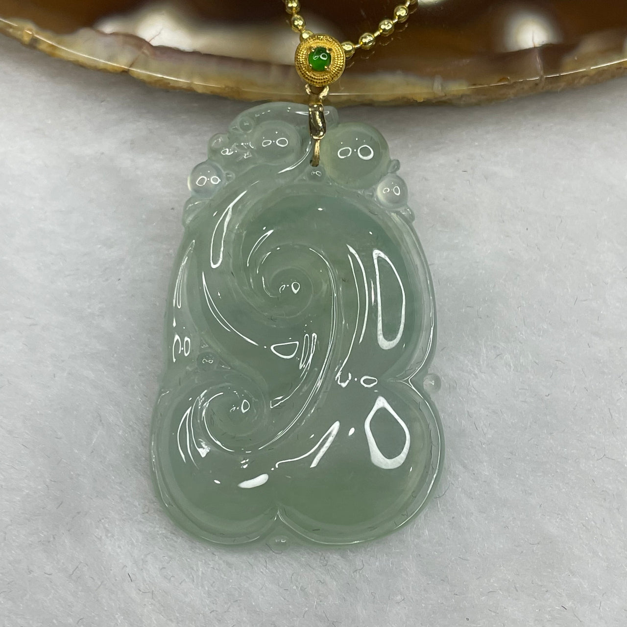 Grand Master Certified Type A Icy Sky Blue Jade Jadeite Ruyi Pendant with 18K Clasp and Gold Plated Chain - 10.92g 39.2 by 25.7 by 5.0 mm - Huangs Jadeite and Jewelry Pte Ltd