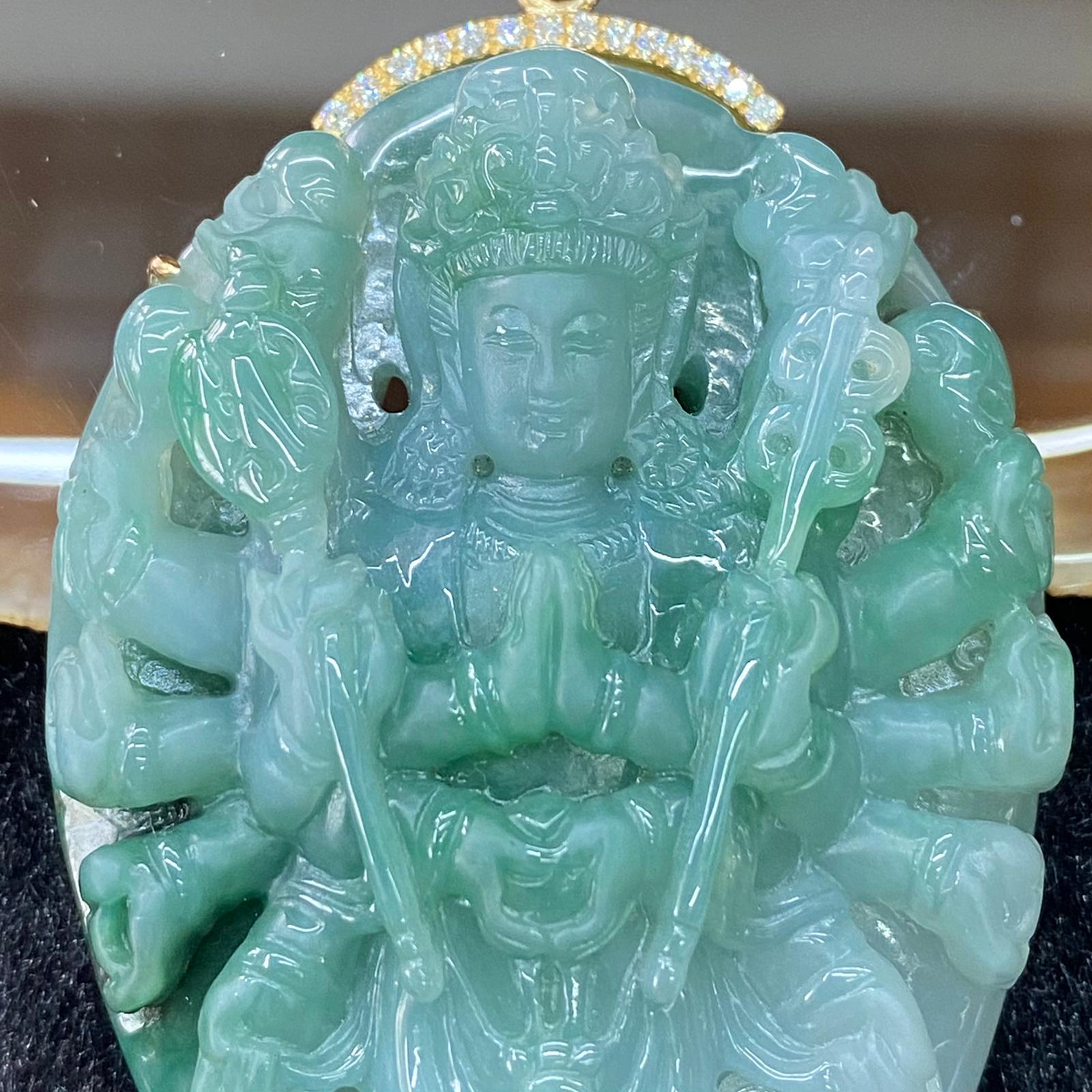 Type A Green Jadeite Thousand Hands Guan Yin set in 18k yellow gold & natural diamonds - 68.36g 74.4 by 43.2 by 14.1mm - Huangs Jadeite and Jewelry Pte Ltd