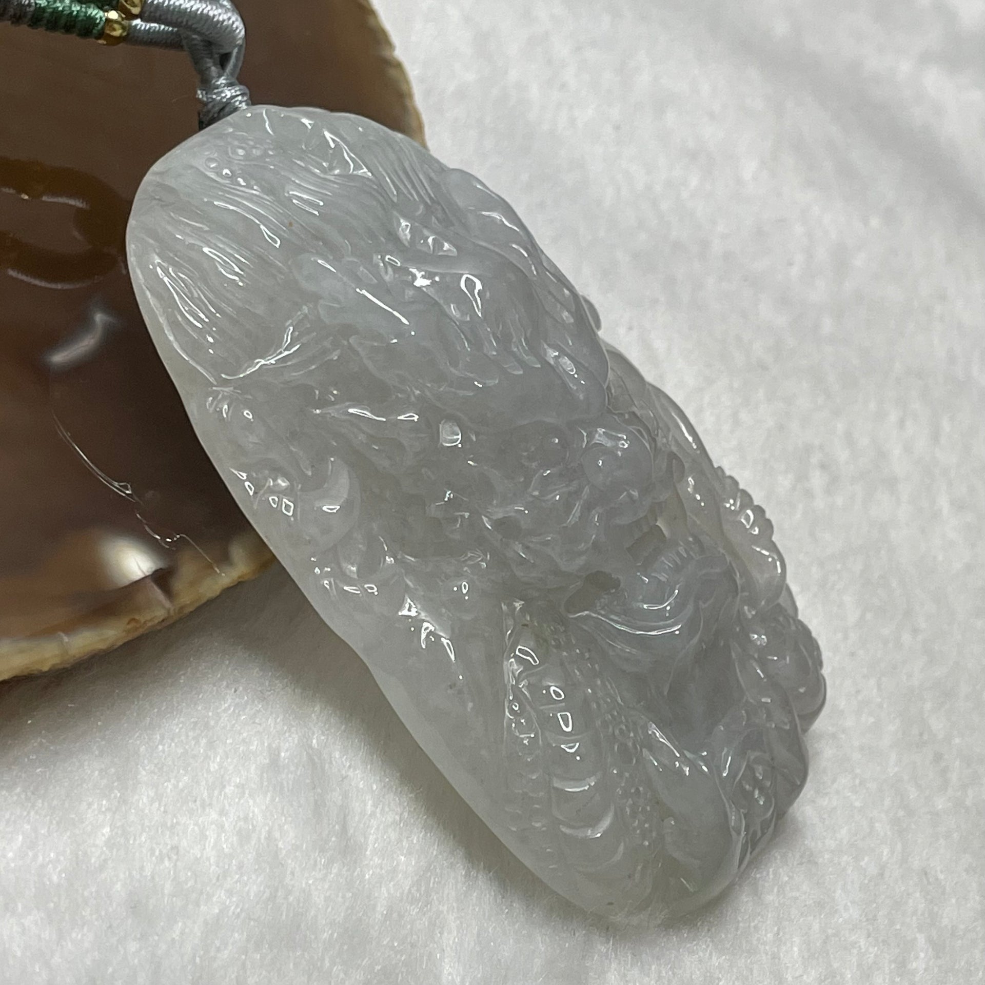 Type A Semi Icy Faint Grey Jade Jadeite Dragon Necklace - 39.0g 72.9 by 46.7 by 15.4mm - Huangs Jadeite and Jewelry Pte Ltd