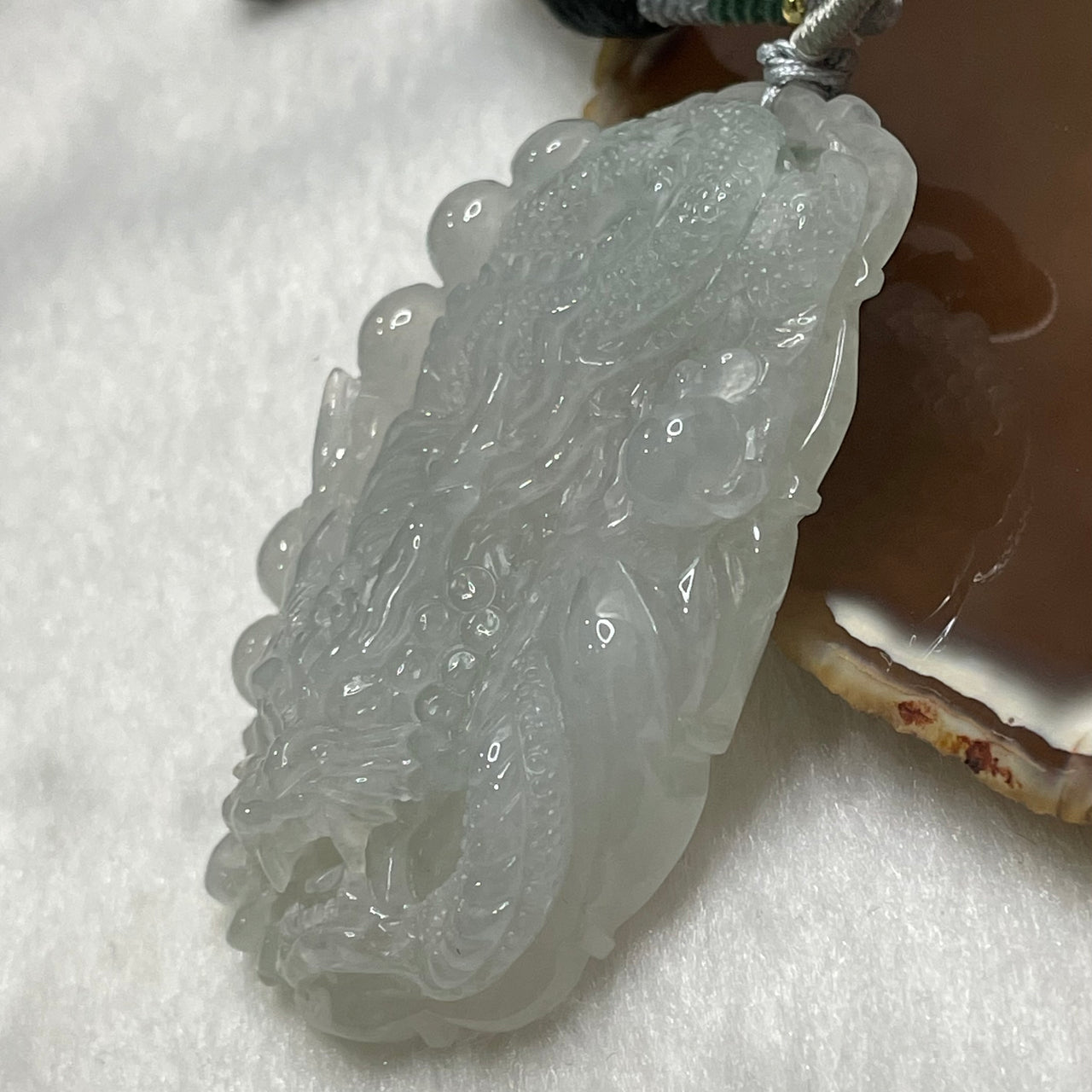 Type A Faint Green Jade Jadeite Dragon Necklace - 64.6g 62.8 by 43.1 by 14.4mm - Huangs Jadeite and Jewelry Pte Ltd