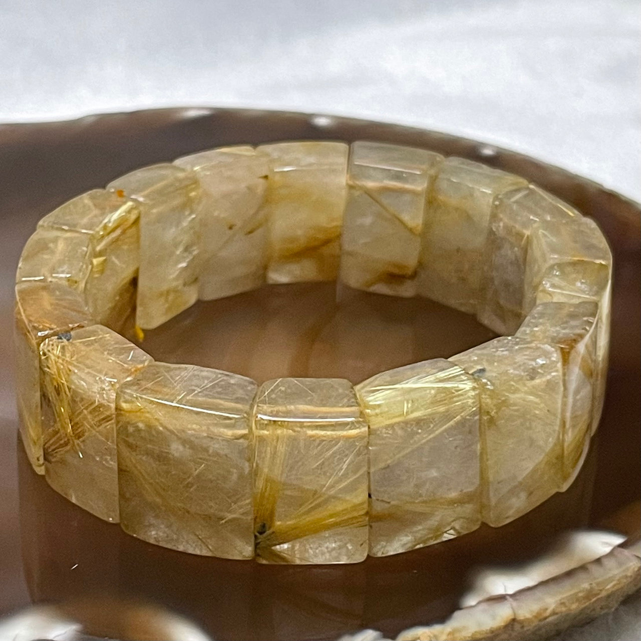 Natural Golden Rutilated Quartz Bracelet 手牌 - 72.80g 18.9 by 8.4mm/piece 17 pieces - Huangs Jadeite and Jewelry Pte Ltd