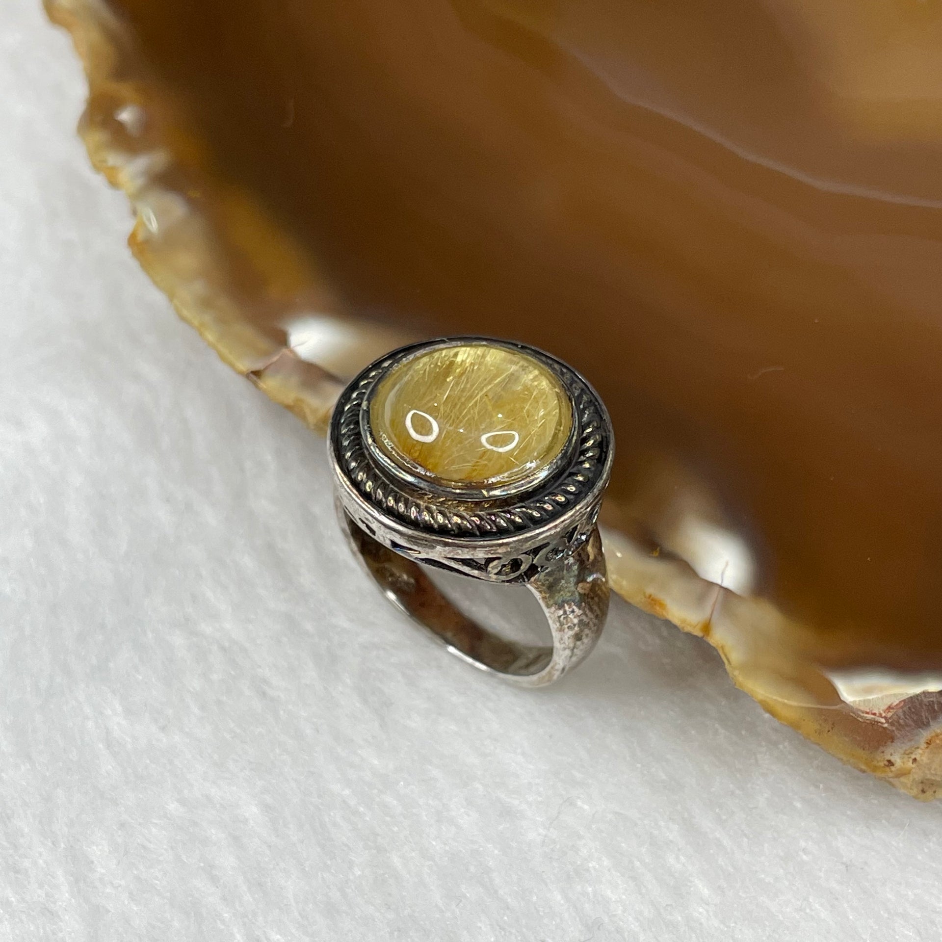 Natural Golden Rutilated Quartz 925 Silver Ring US 7 HK 17 6.17g 17.8 by 17.9 by 7.4mm - Huangs Jadeite and Jewelry Pte Ltd