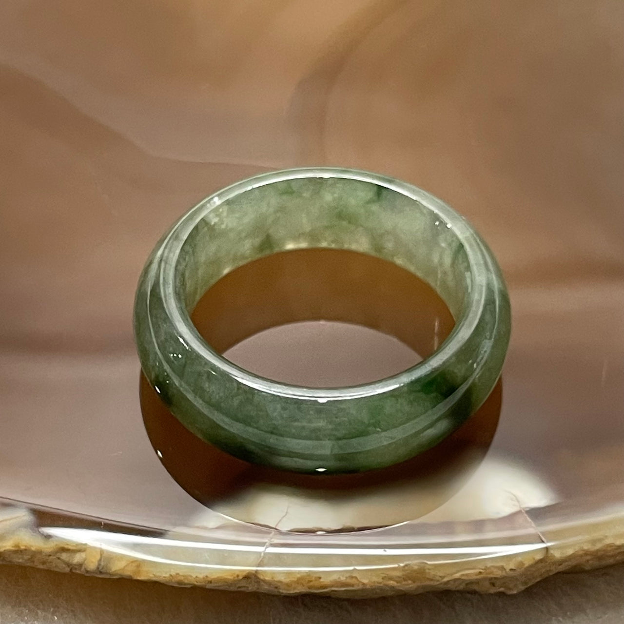 Type A Semi Icy Green Piao Hua Jade Jadeite Ring - 4.38g US 8 HK 18 Thickness 7.1 by 3.5mm Inner Diameter 18.2mm - Huangs Jadeite and Jewelry Pte Ltd