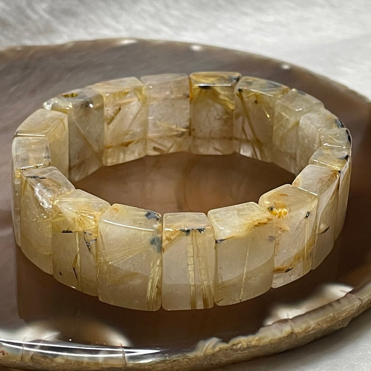 Natural Golden Rutilated Quartz Bracelet 手牌 - 72.37g 18.7 by 14.9 by 8.2mm/piece 18 pieces - Huangs Jadeite and Jewelry Pte Ltd