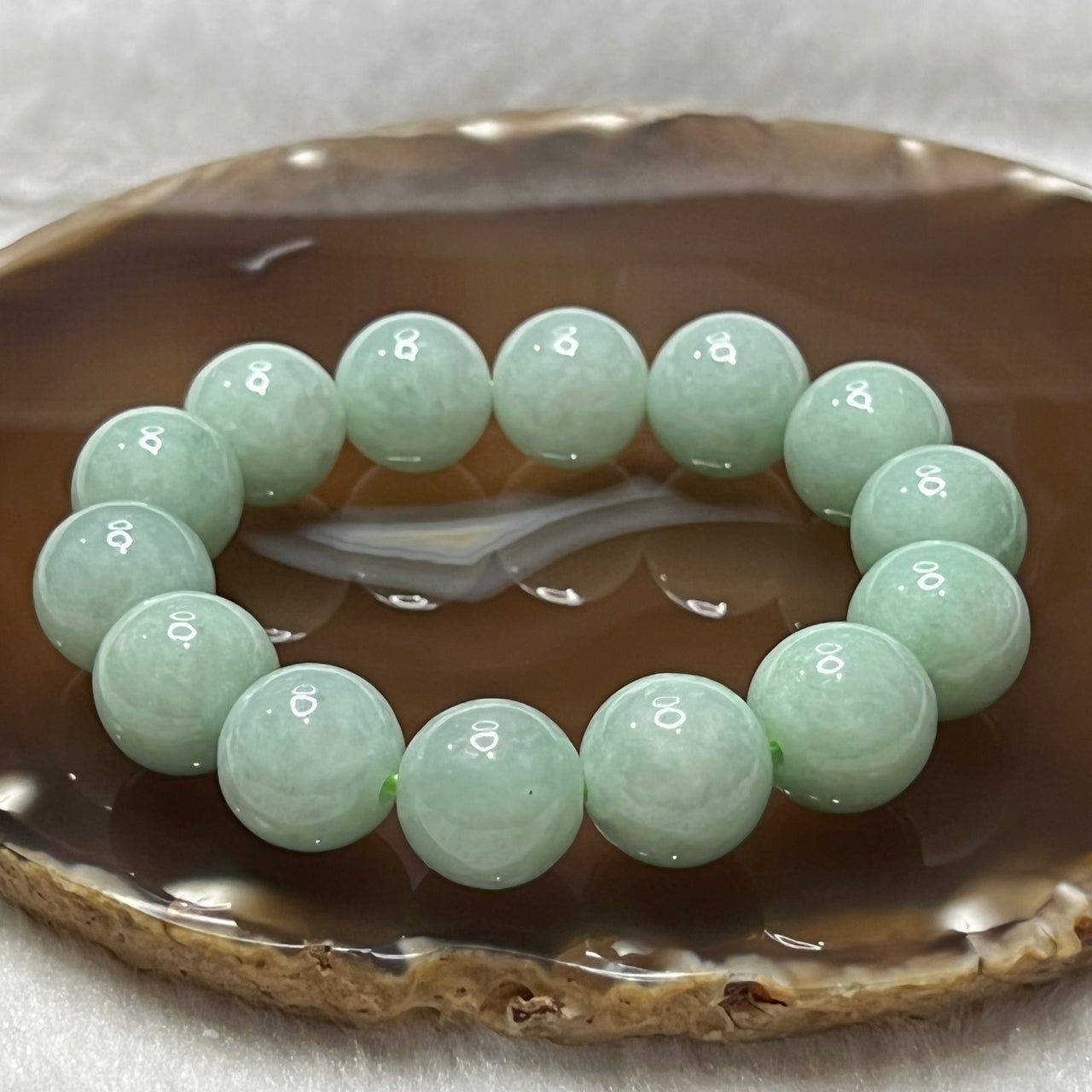 Type A Green Jade Jadeite Bracelet 78.45g 14.8mm/bead 14 beads - Huangs Jadeite and Jewelry Pte Ltd