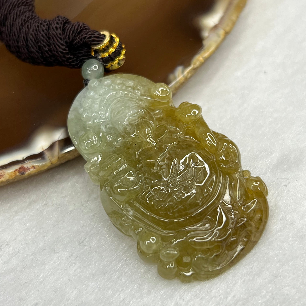 Grand Master Certified Type A Yellow and Green Jade Jadeite Cai Shen Ye Pendant 25.24g 48.3 by 28.7 by 8.6 mm - Huangs Jadeite and Jewelry Pte Ltd