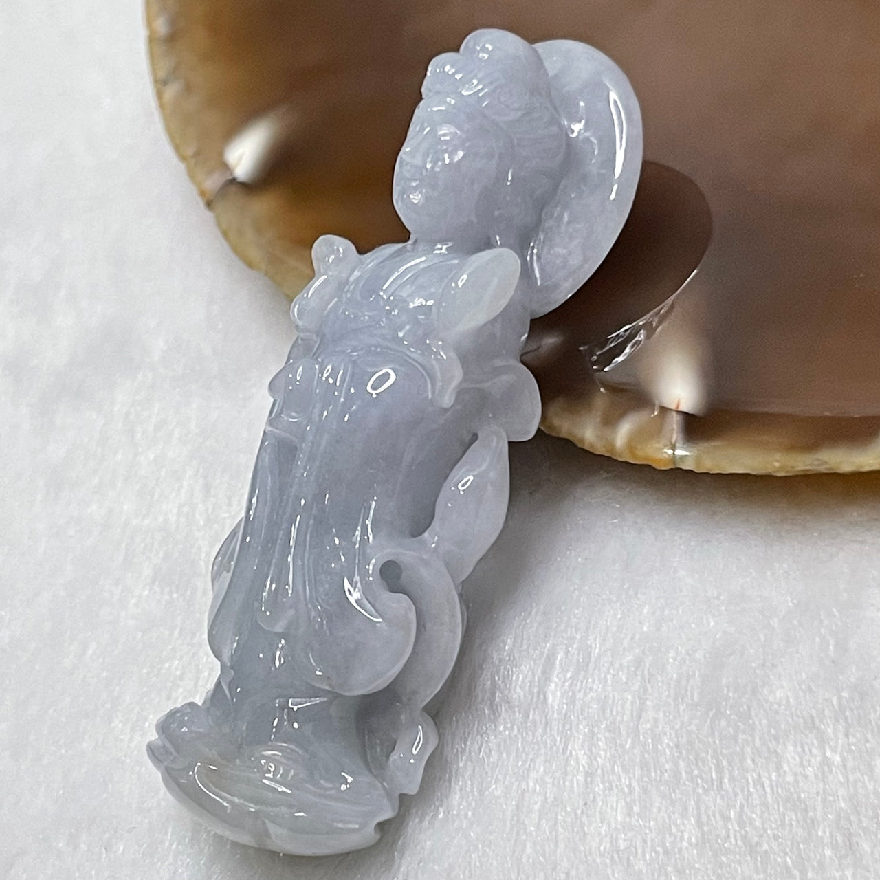 Type A Faint Lavender Jade Jadeite Guan Yin Pendant - 25.3g 59.6 by 22.5 by 13.0mm - Huangs Jadeite and Jewelry Pte Ltd