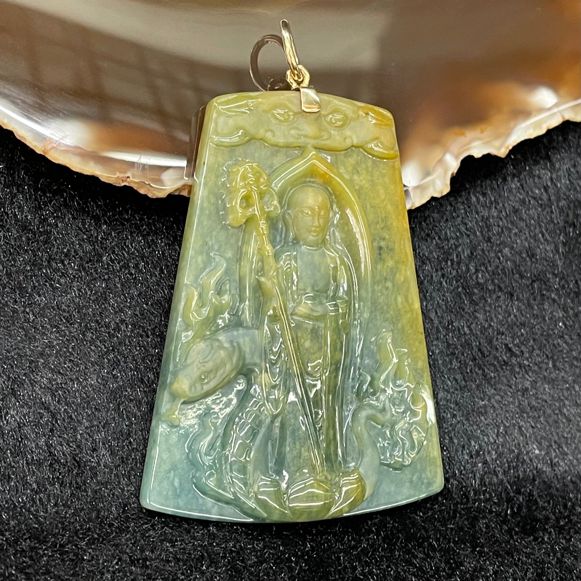 Type A Burmese Jade Jadeite Di Zang Buddha with 22k gold hook - 54.16g 67.2 by 50.3 by 8.5mm - Huangs Jadeite and Jewelry Pte Ltd