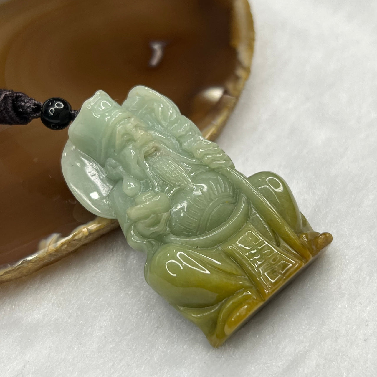 Type A Green & Yellow Jade Jadeite Tu Di Gong Pendant - 40.38g 49.2 by 32.3 by 11.7mm - Huangs Jadeite and Jewelry Pte Ltd