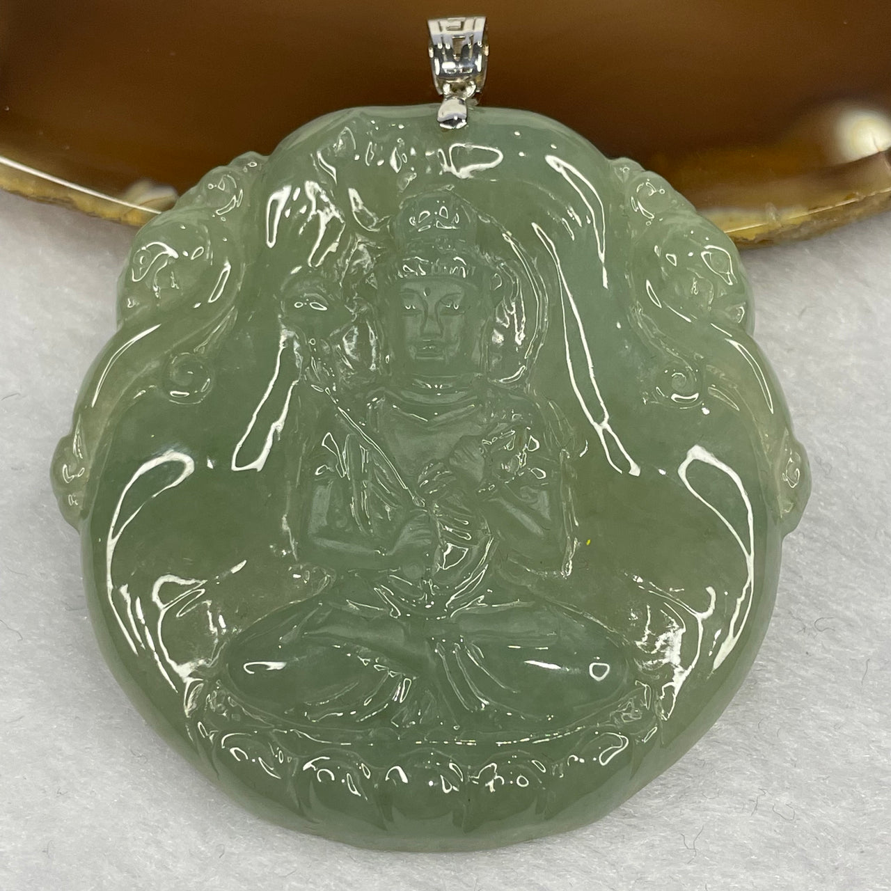 Type A Icy Green Jade Jadeite Guan Yin Pendant with 18K Gold Clasp - 26.40g 51.6 by 50.7 by 6.2mm - Huangs Jadeite and Jewelry Pte Ltd