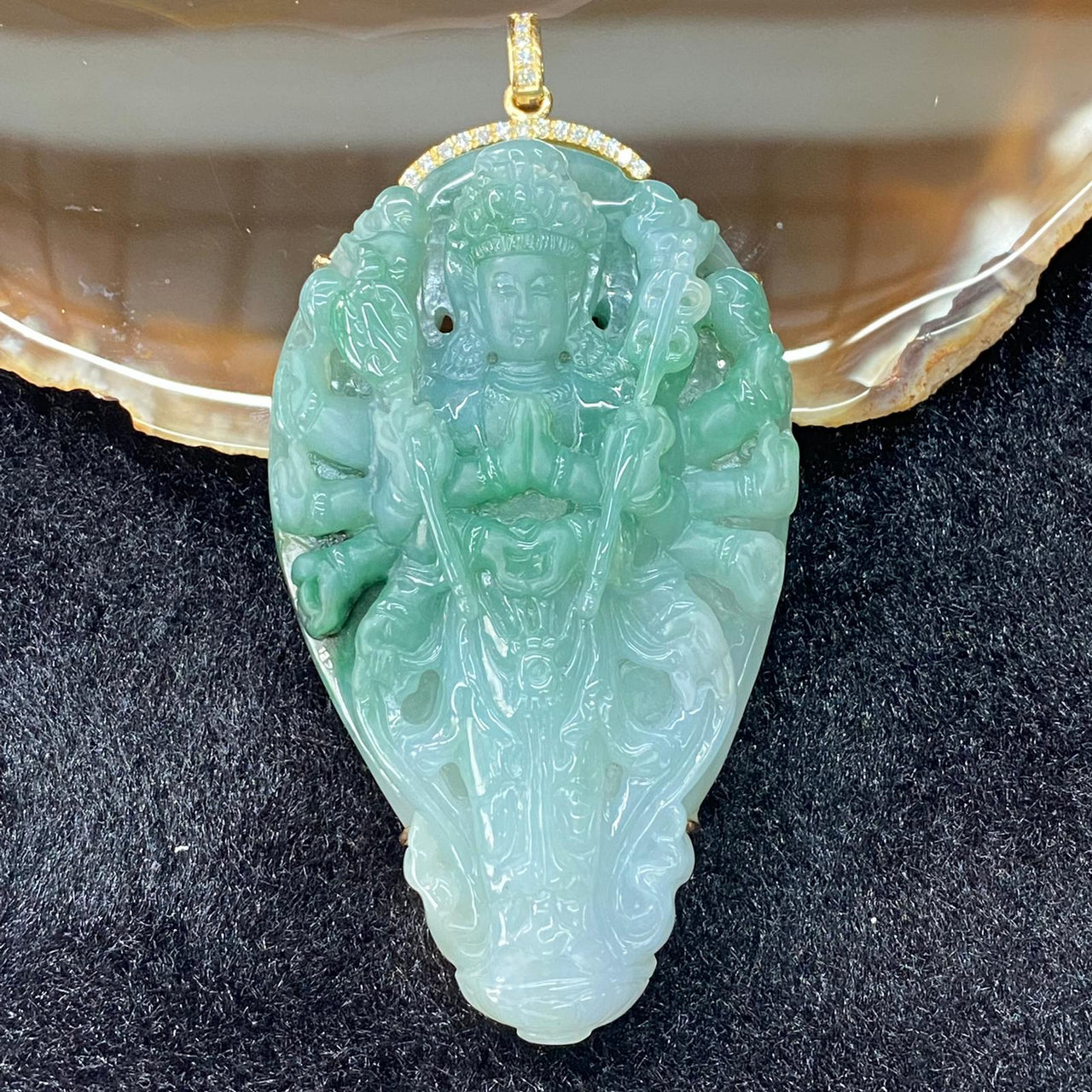 Type A Green Jadeite Thousand Hands Guan Yin set in 18k yellow gold & natural diamonds - 68.36g 74.4 by 43.2 by 14.1mm - Huangs Jadeite and Jewelry Pte Ltd