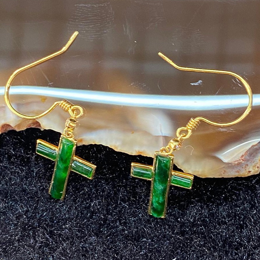 Type A Burmese Jade Jadeite Cross earrings 18k gold - 1.24g each about 13.1 by 10.1 by 1.4mm - Huangs Jadeite and Jewelry Pte Ltd