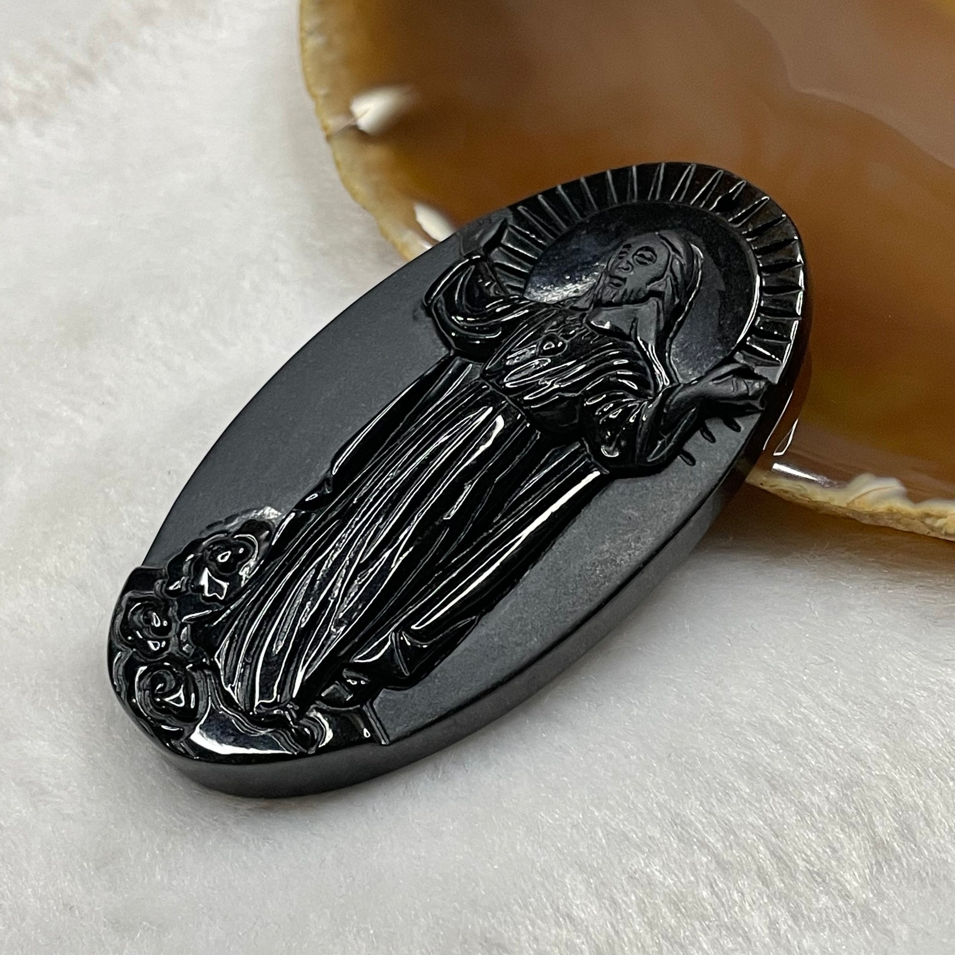 Type A Black Jade Jadeite Jesus 41.42g 67.8 by 39.2 by 7.7mm - Huangs Jadeite and Jewelry Pte Ltd