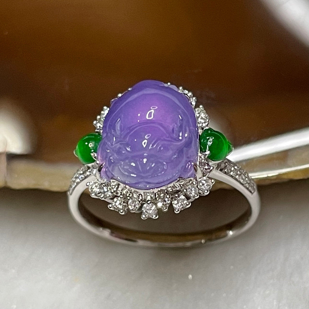 RARE Type A Semi Icy Lavender & Green Jade Jadeite Pixiu Ring 18k White gold & diamonds with NGI Cert 3.85g Dimensions of Pixiu 10.9 by 8.8 by 4.8mm US6 HK13 Inner Diameter 16.9mm - Huangs Jadeite and Jewelry Pte Ltd