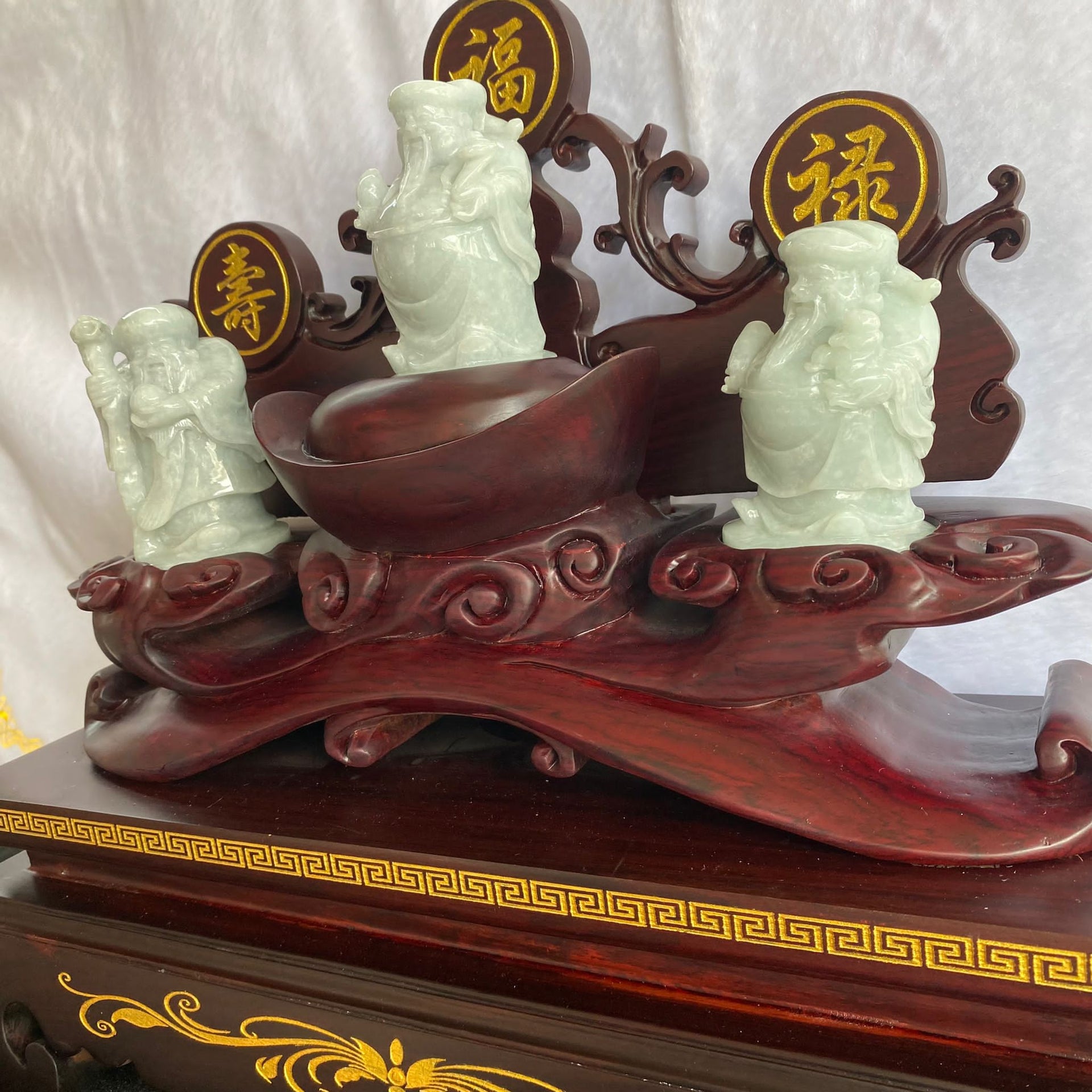 Type A Jade Jadeite Fu Lu Shou Display 625g Dimensions with stand 370 by 300 by 150mm Jade without stand 70 by 50 by 50 each - Huangs Jadeite and Jewelry Pte Ltd