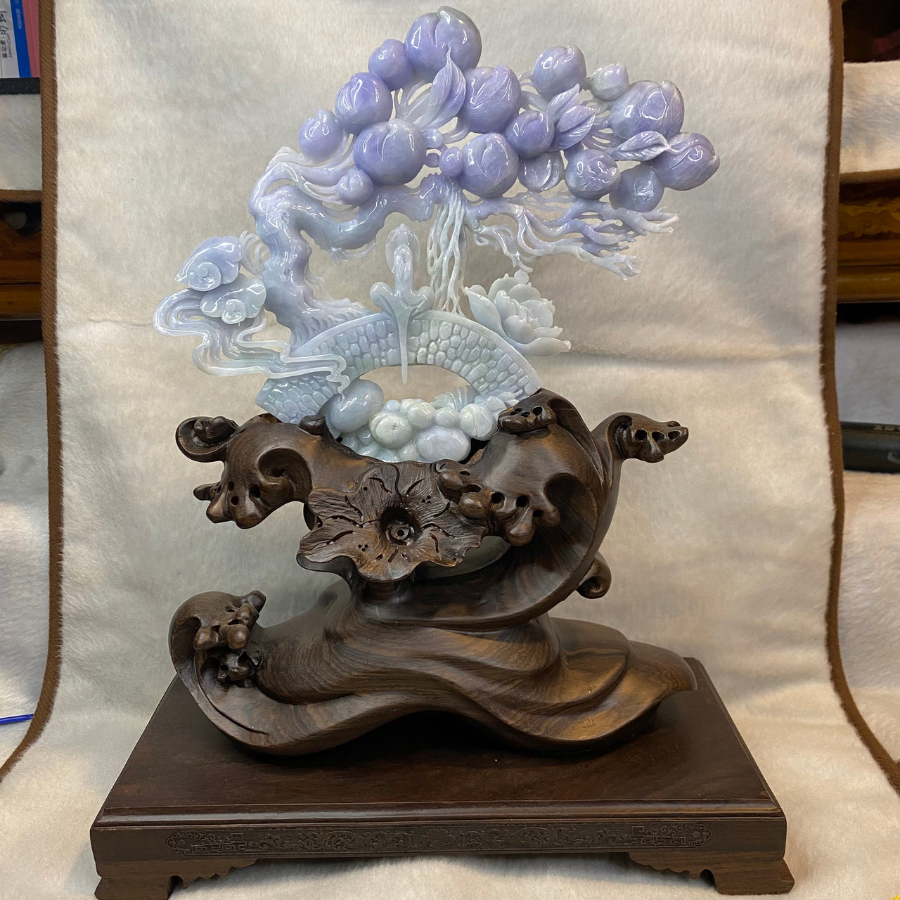 Rare Type A Deep Lavender Jadeite Gui Ren with Longevity Peaches & Lotus 470.0g 23.0 by 19.0 by 1.36cm with wooden stand 2285g 25.0 by 12.0 by 32.0cm - Huangs Jadeite and Jewelry Pte Ltd