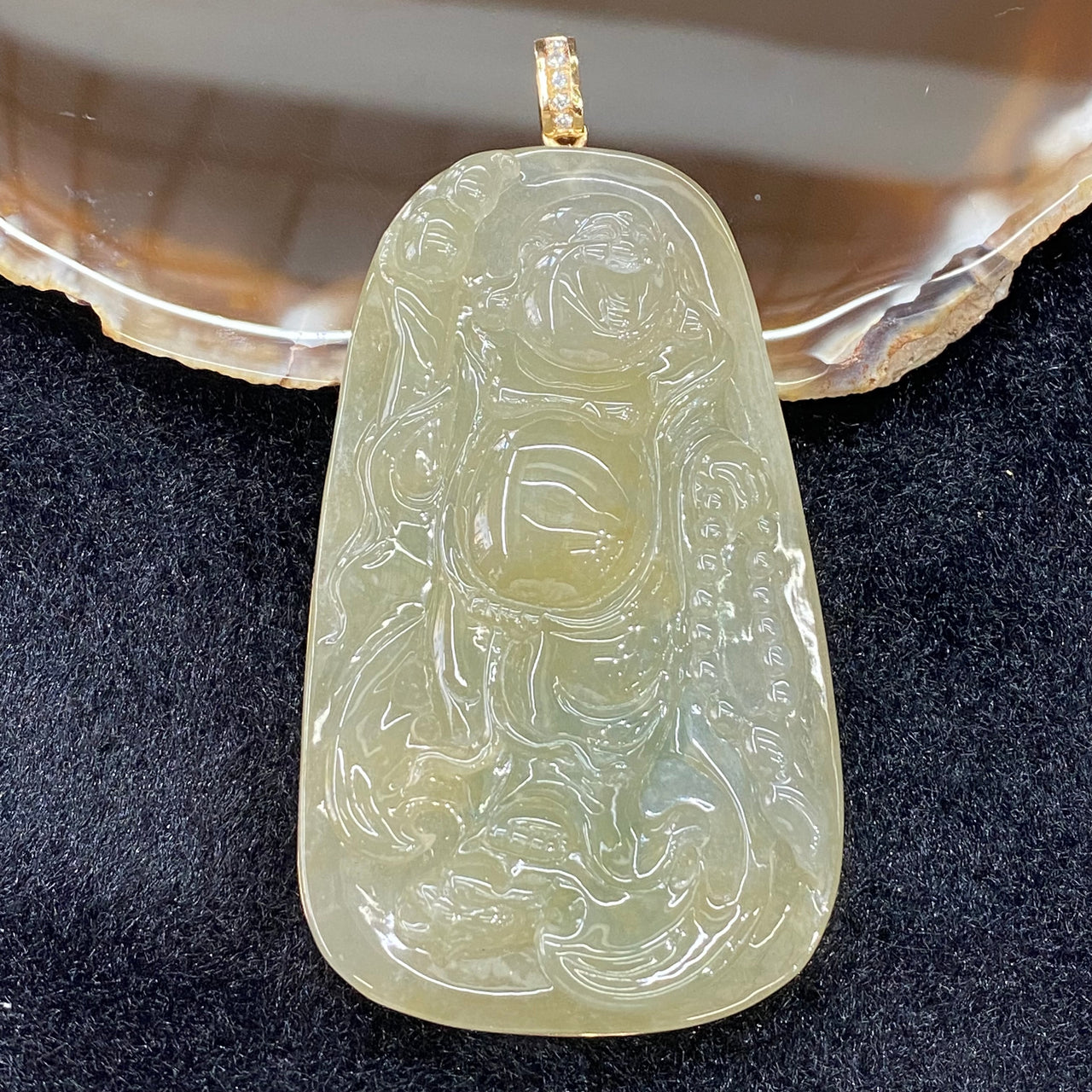 Rare Icy 18K 750 Yellow Gold Type A Burmese Honey Yellow Variety Jade Jadeite Feng Shui Milo Buddha with Natural Diamonds 74.70g - Huangs Jadeite and Jewelry Pte Ltd