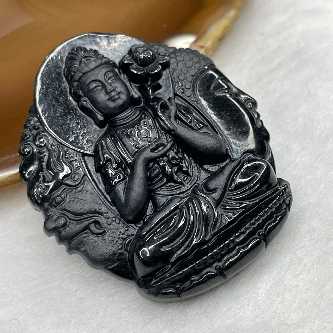 Type A Black Jade Jadeite Guan Yin Good and Evil Pendant 42.76g 50.2by 43.9 by 11.4mm - Huangs Jadeite and Jewelry Pte Ltd