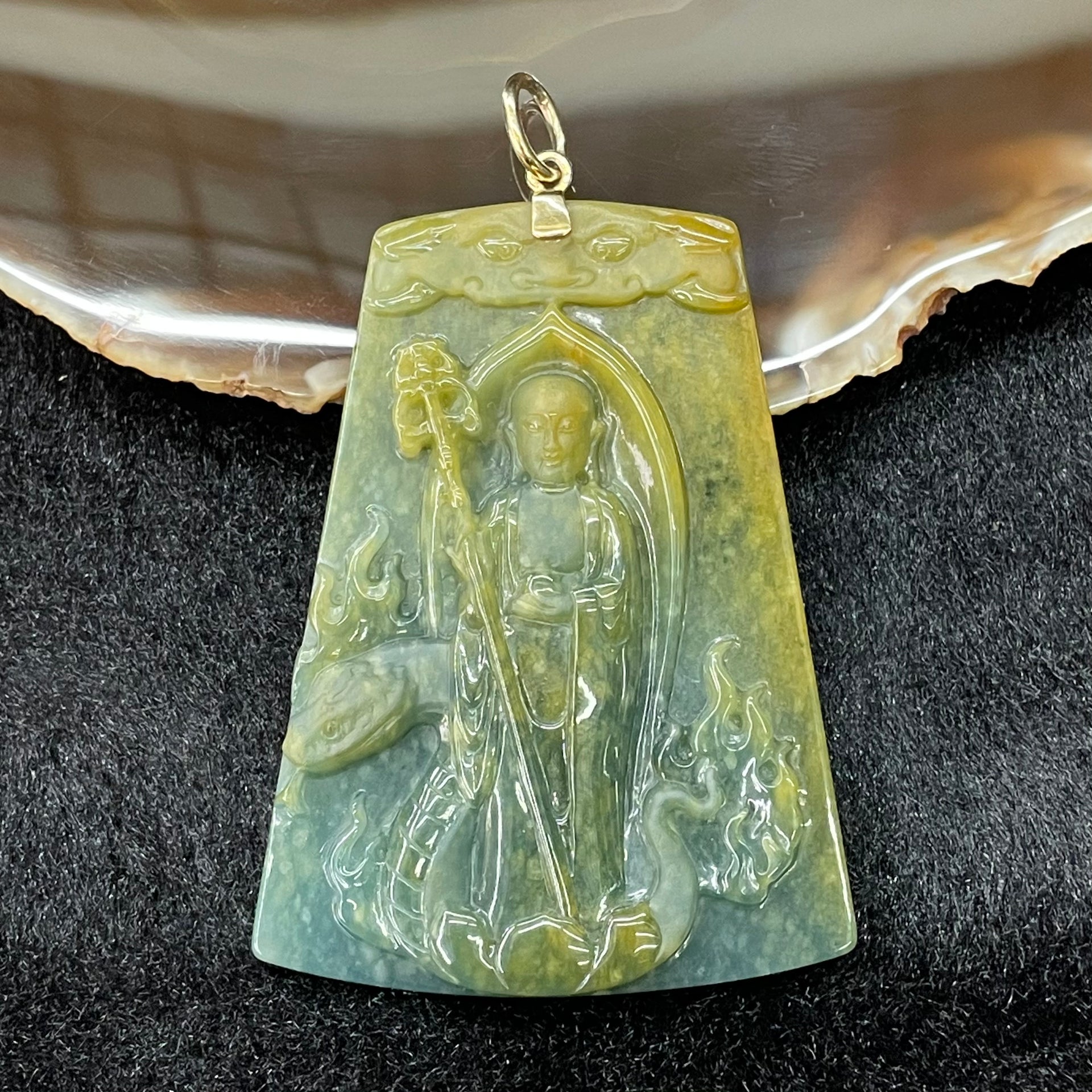 Type A Burmese Jade Jadeite Di Zang Buddha with 22k gold hook - 54.16g 67.2 by 50.3 by 8.5mm - Huangs Jadeite and Jewelry Pte Ltd