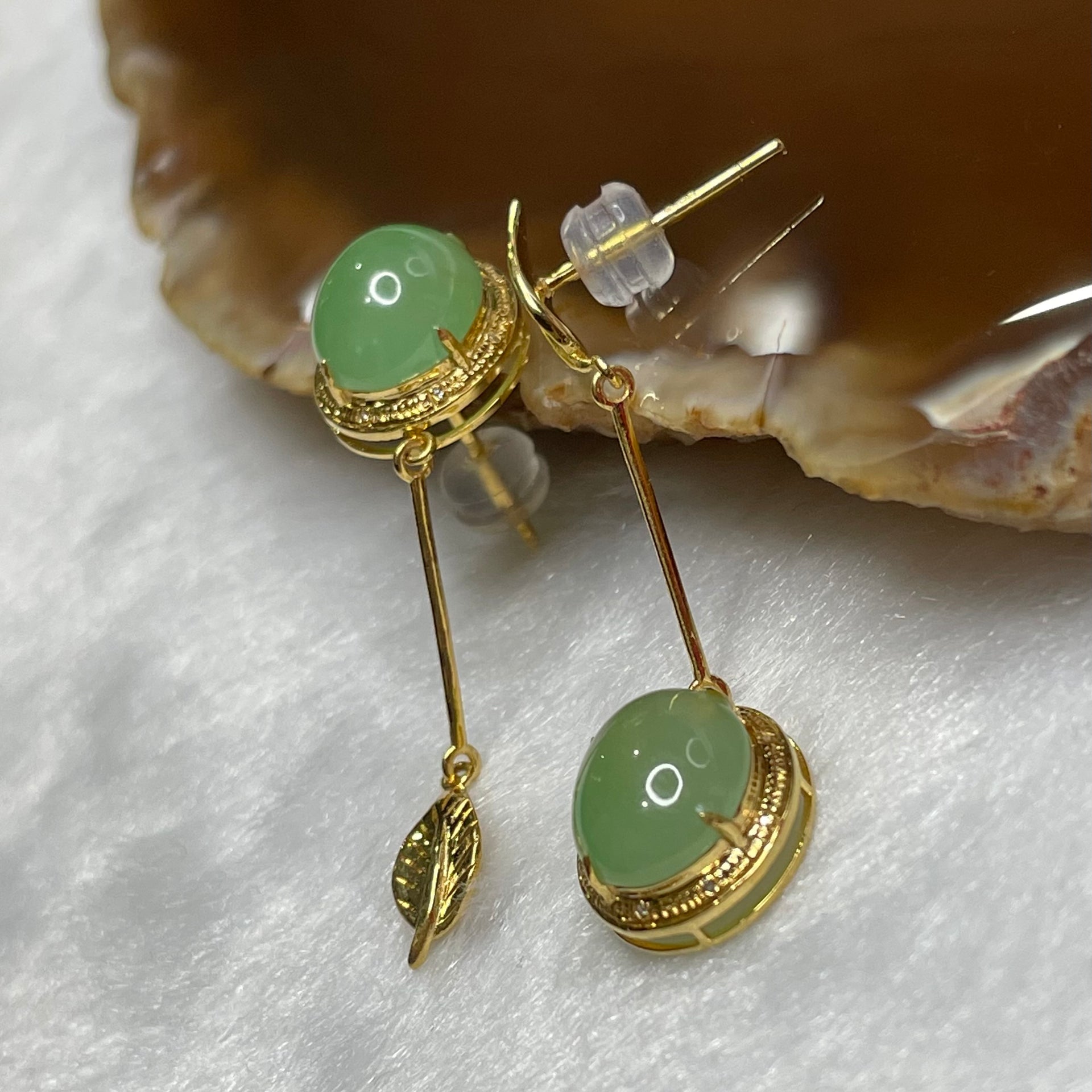 Type A Icy Green Jade Jadeite Earrings 18k Yellow Gold 3.43g 37.7 by 10.7 by 7.1mm - Huangs Jadeite and Jewelry Pte Ltd