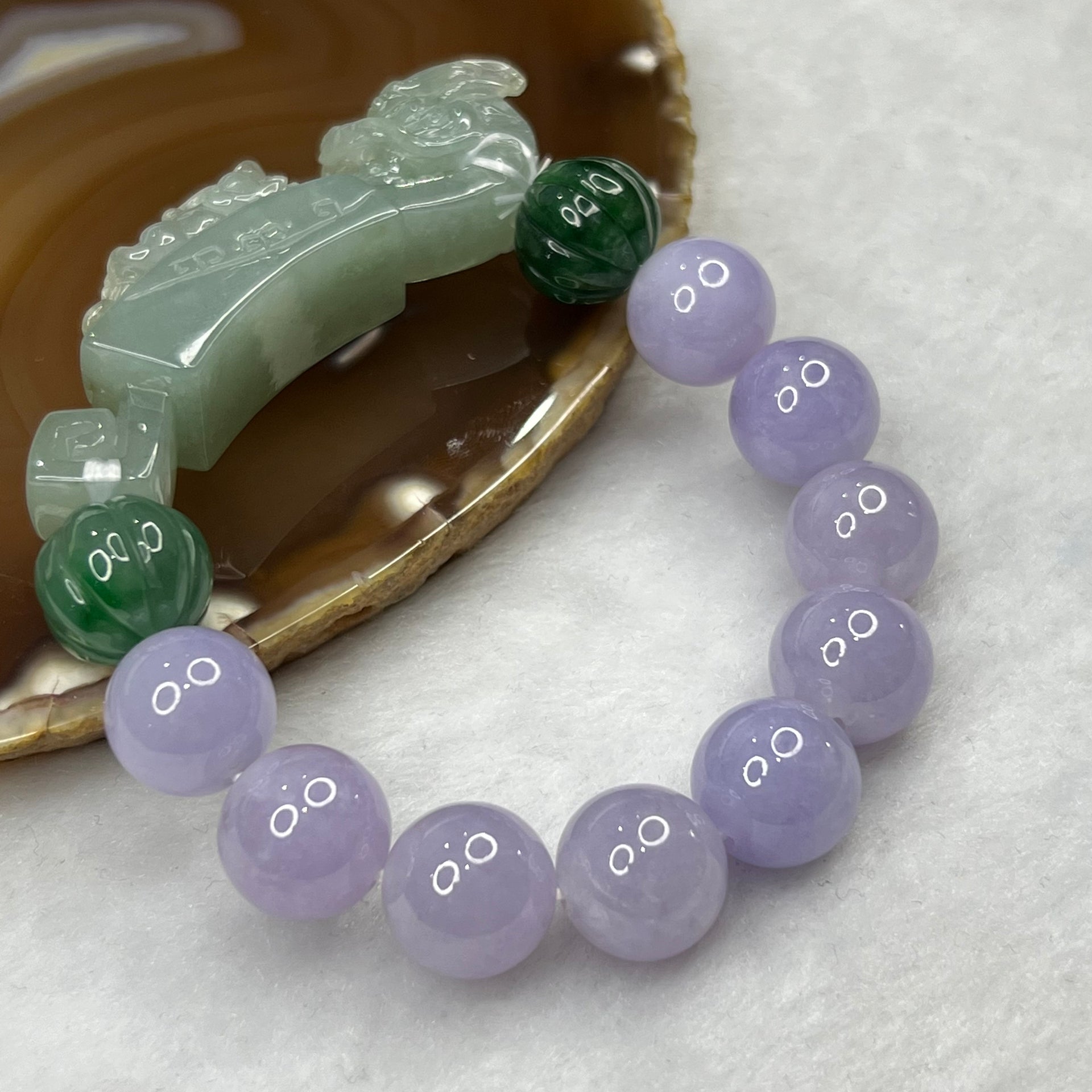 High End Type A Lavender and Green Jadeite Bracelet with Semi Icy Dragon and Pixiu Ruyi Charm 72.82g 13.4mm 11 Beads Charm Dimensions 63.3 by 14.3 by 18.4 - Huangs Jadeite and Jewelry Pte Ltd