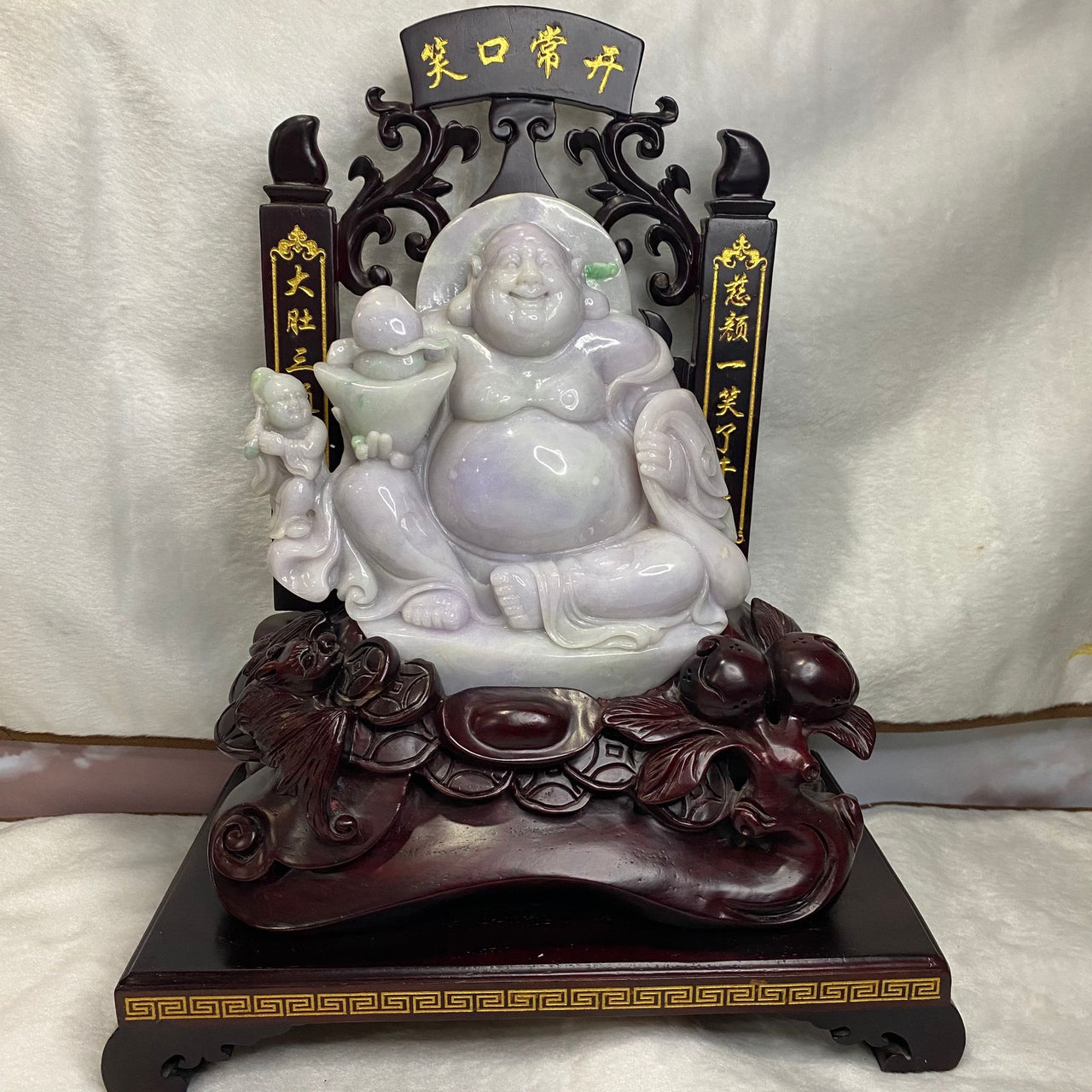 Type A Faint Lavender Jade Jadeite Milo Buddha Display 2.68kg 40 by 31 by 18cm Dimensions of Jade 20 by 19 by 6cm - Huangs Jadeite and Jewelry Pte Ltd