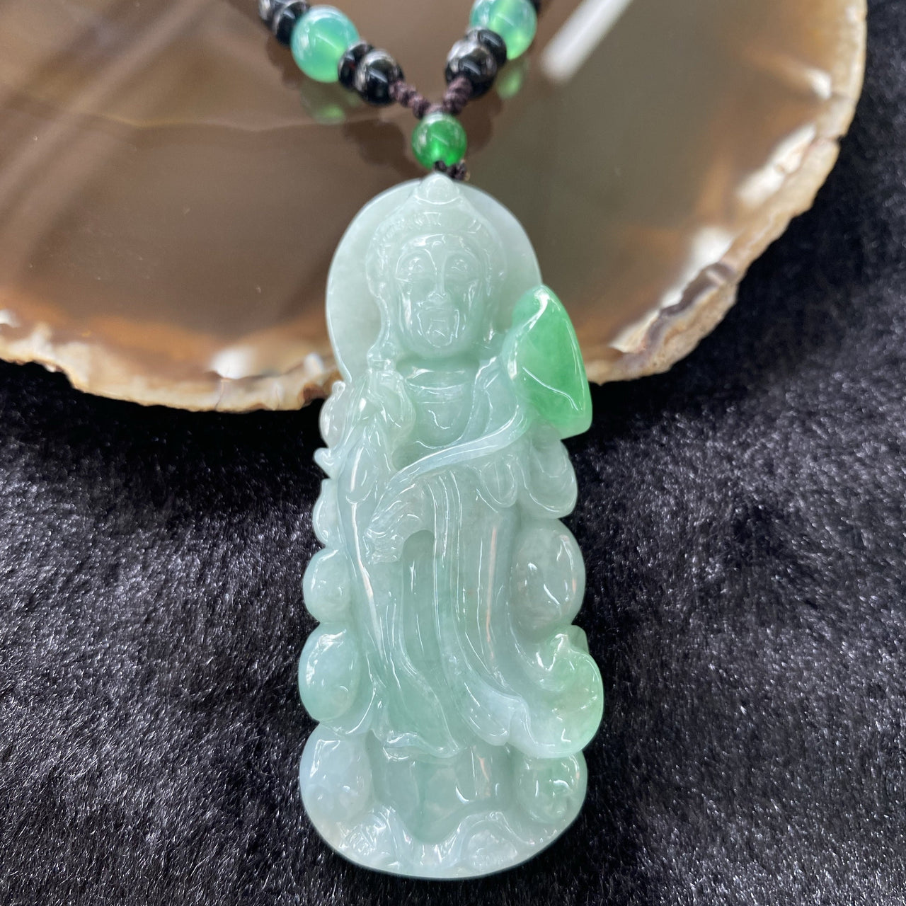 Type A Apple Green Jadeite Guan Yin Pendant 46.15g 72.9 by 30.1 by 11.2mm - Huangs Jadeite and Jewelry Pte Ltd