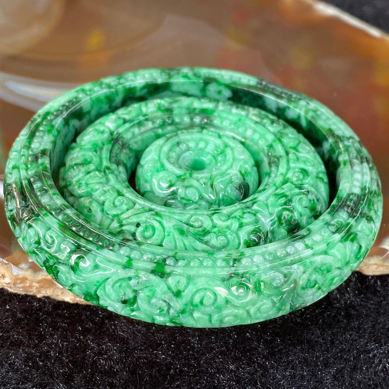 Type A 3 Green (Apple, Moss, Spicy) Jadeite Bangle inner diameter 57.7mm Thickness 13.5 by 10.0mm & Ping An Pendants (Large 13.6 by 13.7 by 54.4mm) (Small 24.9 by 13.3mm) Set 135.80g - Huangs Jadeite and Jewelry Pte Ltd