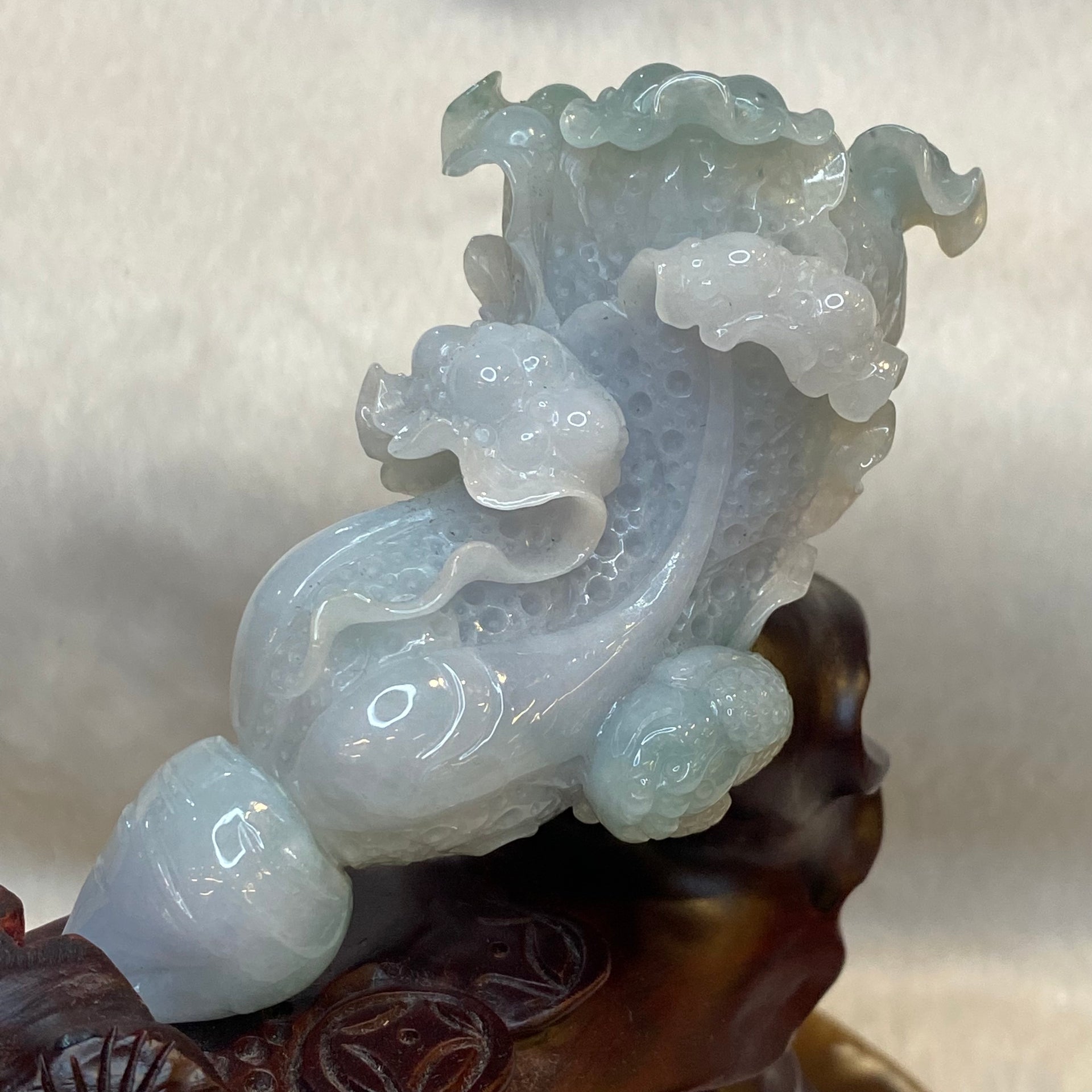 Rare Jelly Semi ICY Cabbage Bao Cai for Wealth 181.5g 112.0 by 61.7 by 31.0mm with wooden stand total 606.3g 150.6 by 127.0 by 80.5mm - Huangs Jadeite and Jewelry Pte Ltd