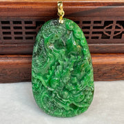 18 Yellow Gold Rare Type A Green with Dark Green Patches Jade Jadeite Prosperity Dragon Feng Shui Pendant with NGI Cert 142.63 cts 57.91 by 36.09 by 7.43mm - Huangs Jadeite and Jewelry Pte Ltd