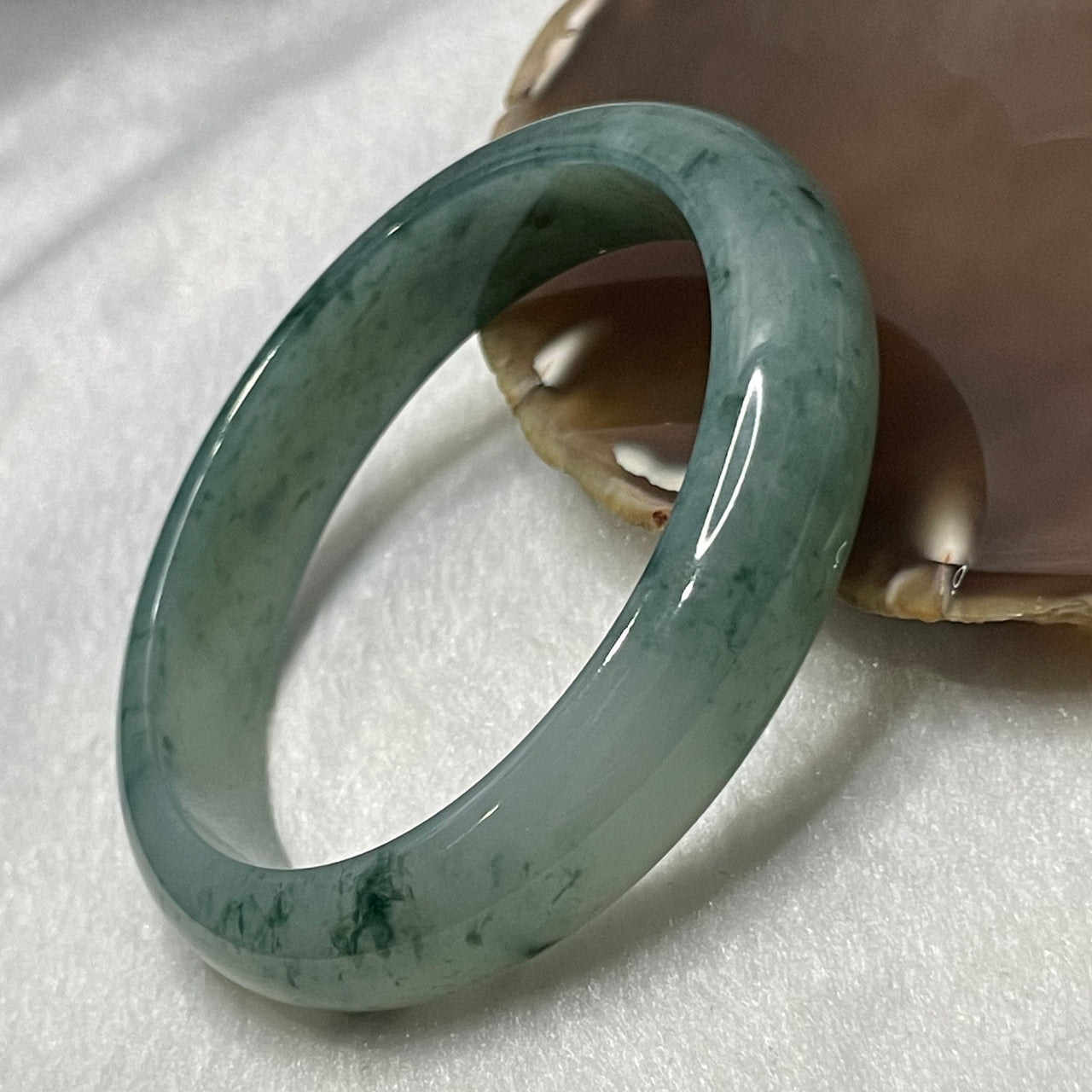 Type A High Quality Semi Icy Light Green with Piao Hua Jade Jadeite Bangle - 55.12g Inner Diameter 57.4mm Thickness 12.9 by 7.9mm - Huangs Jadeite and Jewelry Pte Ltd