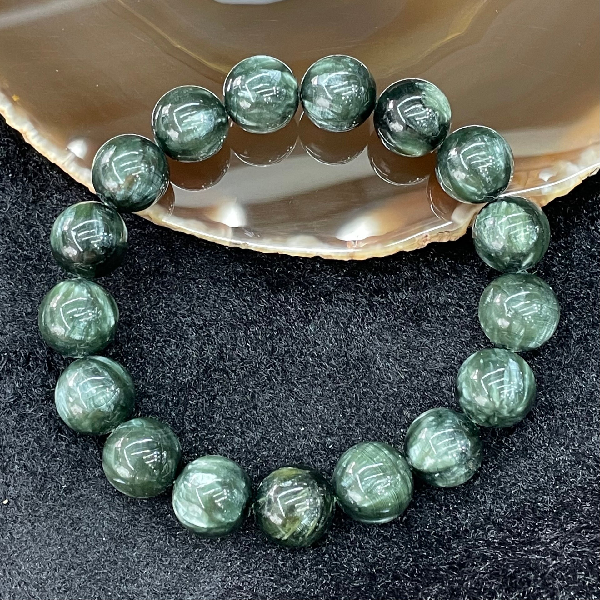 Natural Seraphinite Bracelet 绿龙晶 - 47.29g 12.5mm/bead 17 beads - Huangs Jadeite and Jewelry Pte Ltd