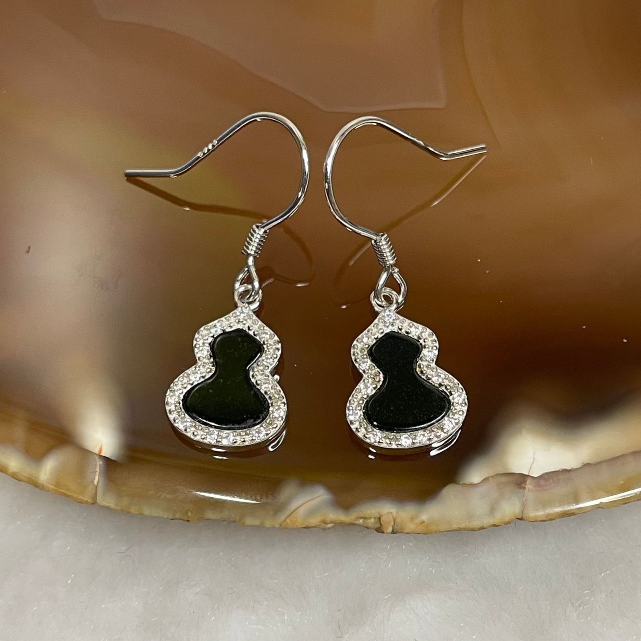 Type A Black Jade Jadeite Hulu pair of earrings 2g 13.9 by 9.5 by 2.0mm - Huangs Jadeite and Jewelry Pte Ltd