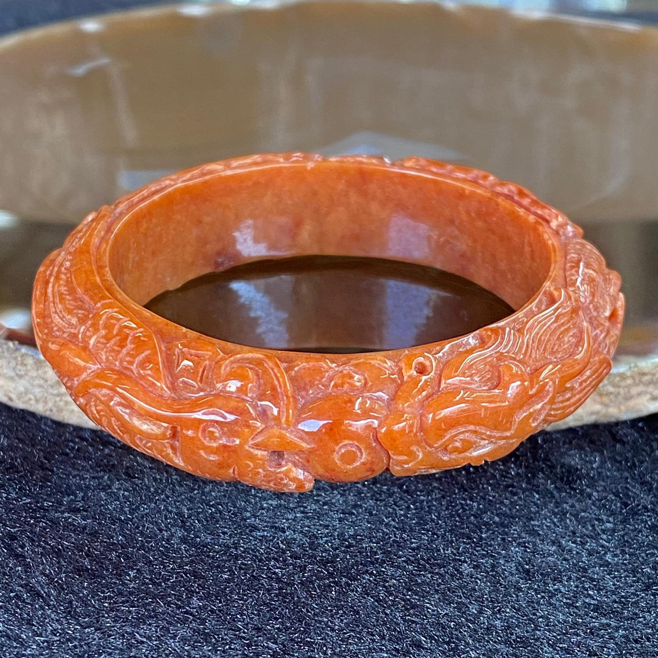 Type A Red Jadeite Prosperity Dragon & Phoenix Bangle 46.22g inner diameter 47.2mm Thickness 13.8 by 9.7mm - Huangs Jadeite and Jewelry Pte Ltd