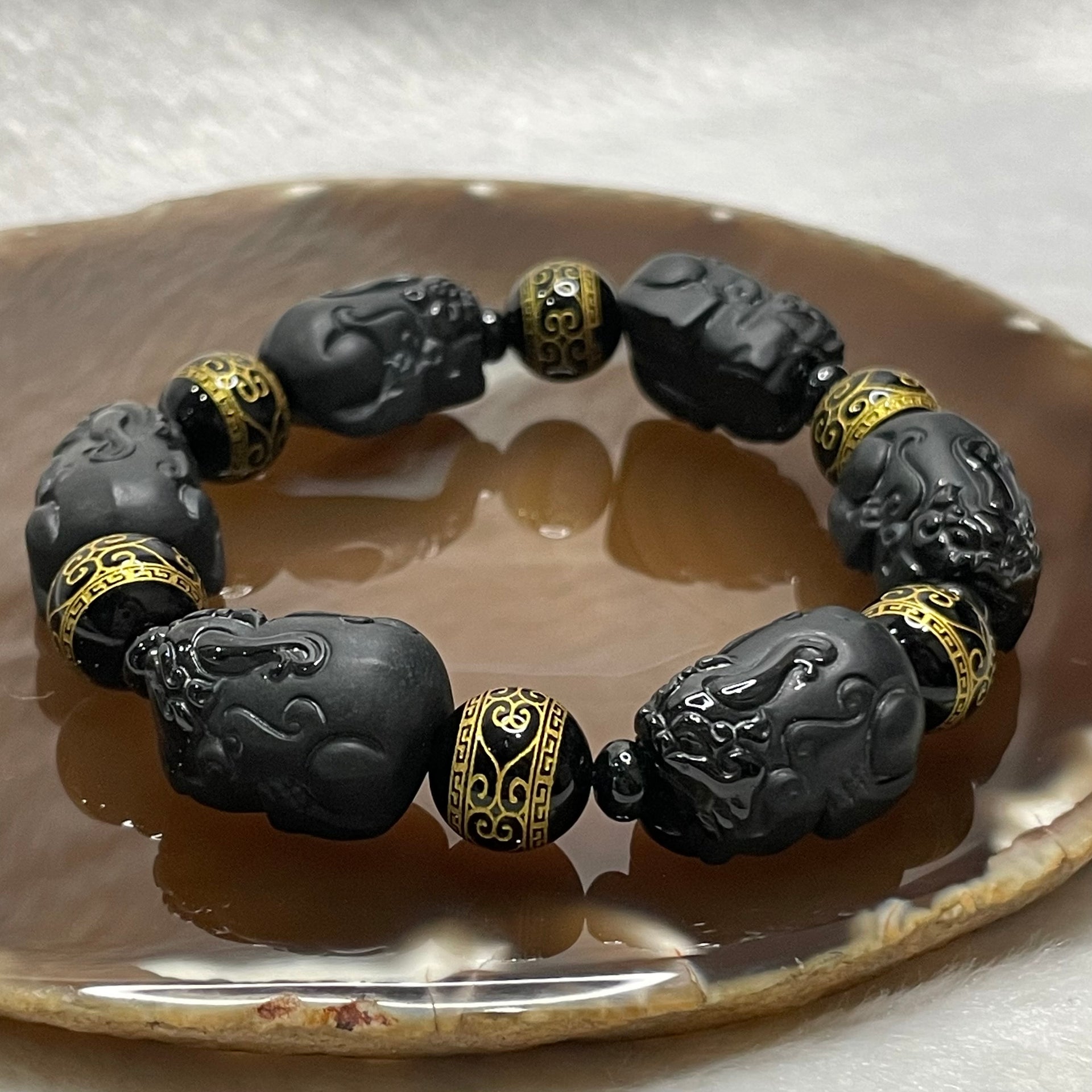 Type A Black Jade Jadeite Pixiu Bracelet - 71.47g 22.6 by 15.7 by 12.9mm/Pixiu 6 Pieces - Huangs Jadeite and Jewelry Pte Ltd