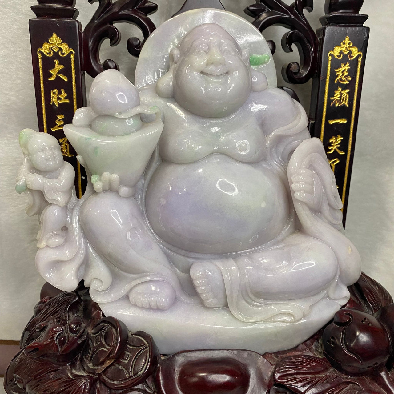 Type A Faint Lavender Jade Jadeite Milo Buddha Display 2.68kg 40 by 31 by 18cm Dimensions of Jade 20 by 19 by 6cm - Huangs Jadeite and Jewelry Pte Ltd