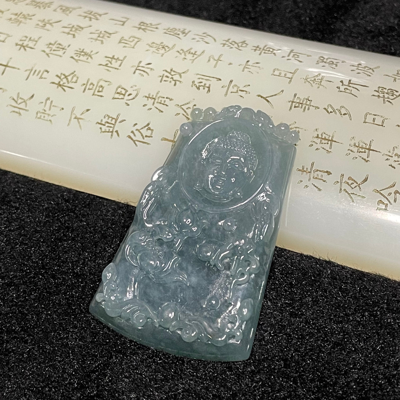 Type A Blueish Green Jade Jadeite Buddha & Lotus 27.36g 57.5 by 35.4 by 7.0mm - Huangs Jadeite and Jewelry Pte Ltd