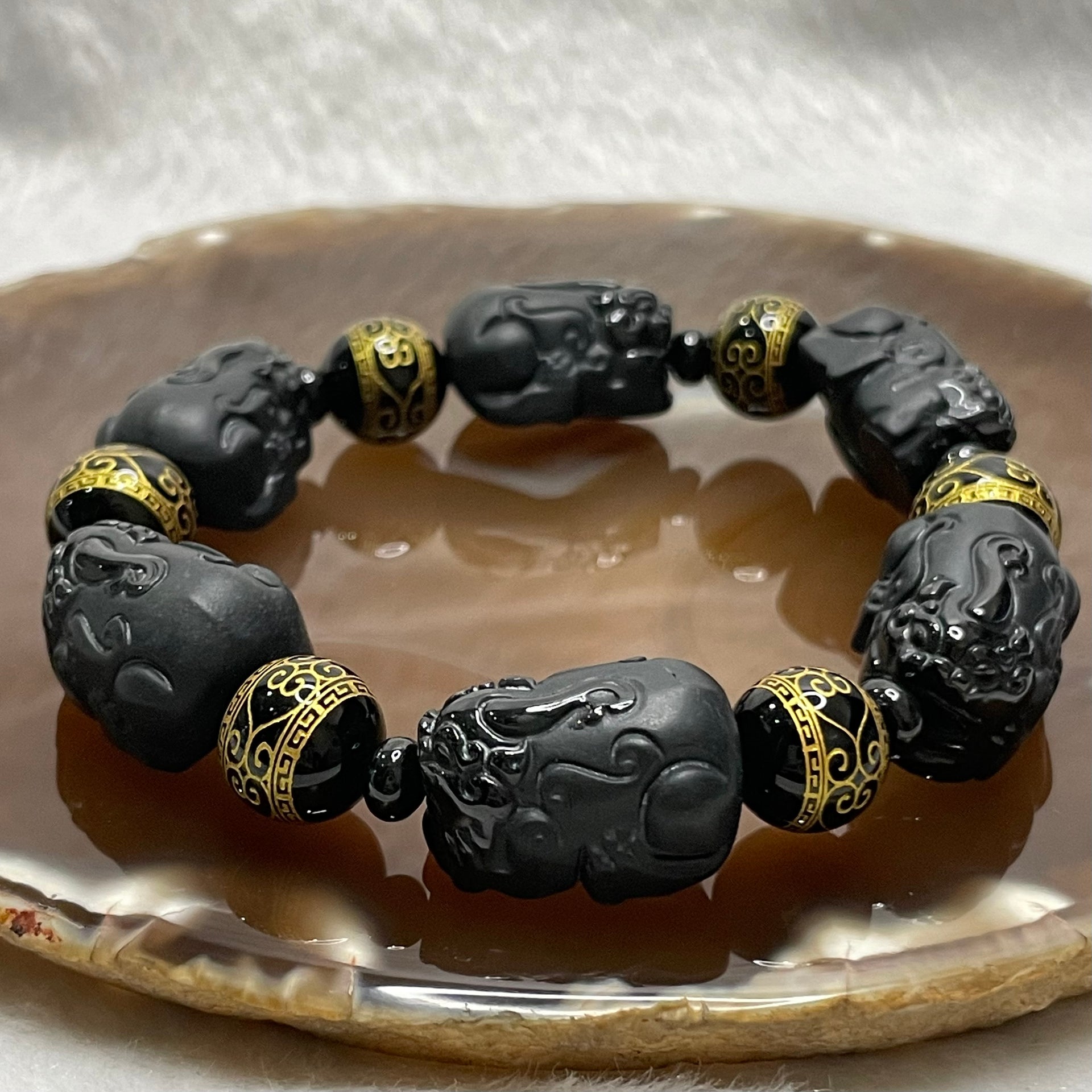 Type A Black Jade Jadeite Pixiu Bracelet - 71.47g 22.6 by 15.7 by 12.9mm/Pixiu 6 Pieces - Huangs Jadeite and Jewelry Pte Ltd