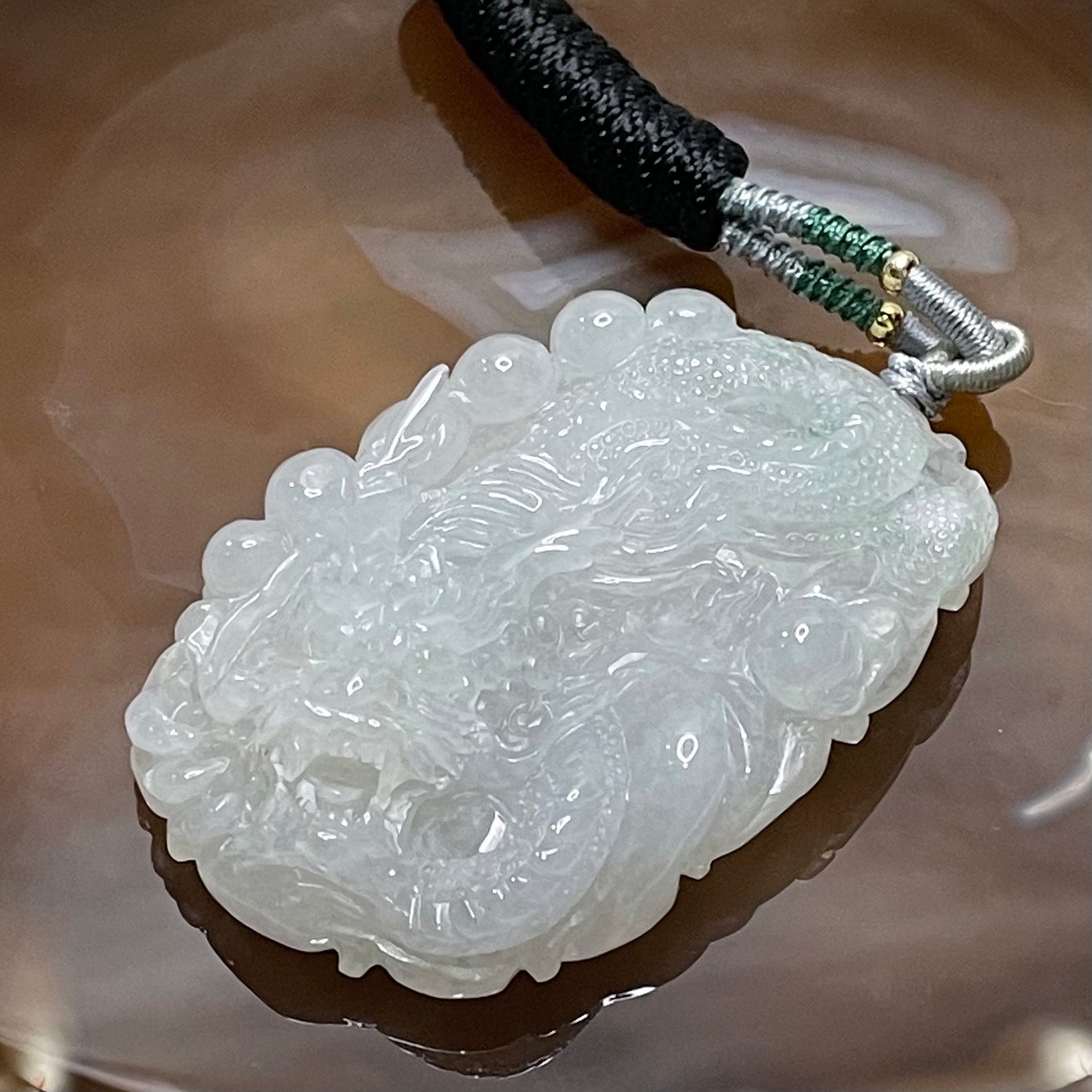 Type A Faint Green Jade Jadeite Dragon Necklace - 64.6g 62.8 by 43.1 by 14.4mm - Huangs Jadeite and Jewelry Pte Ltd