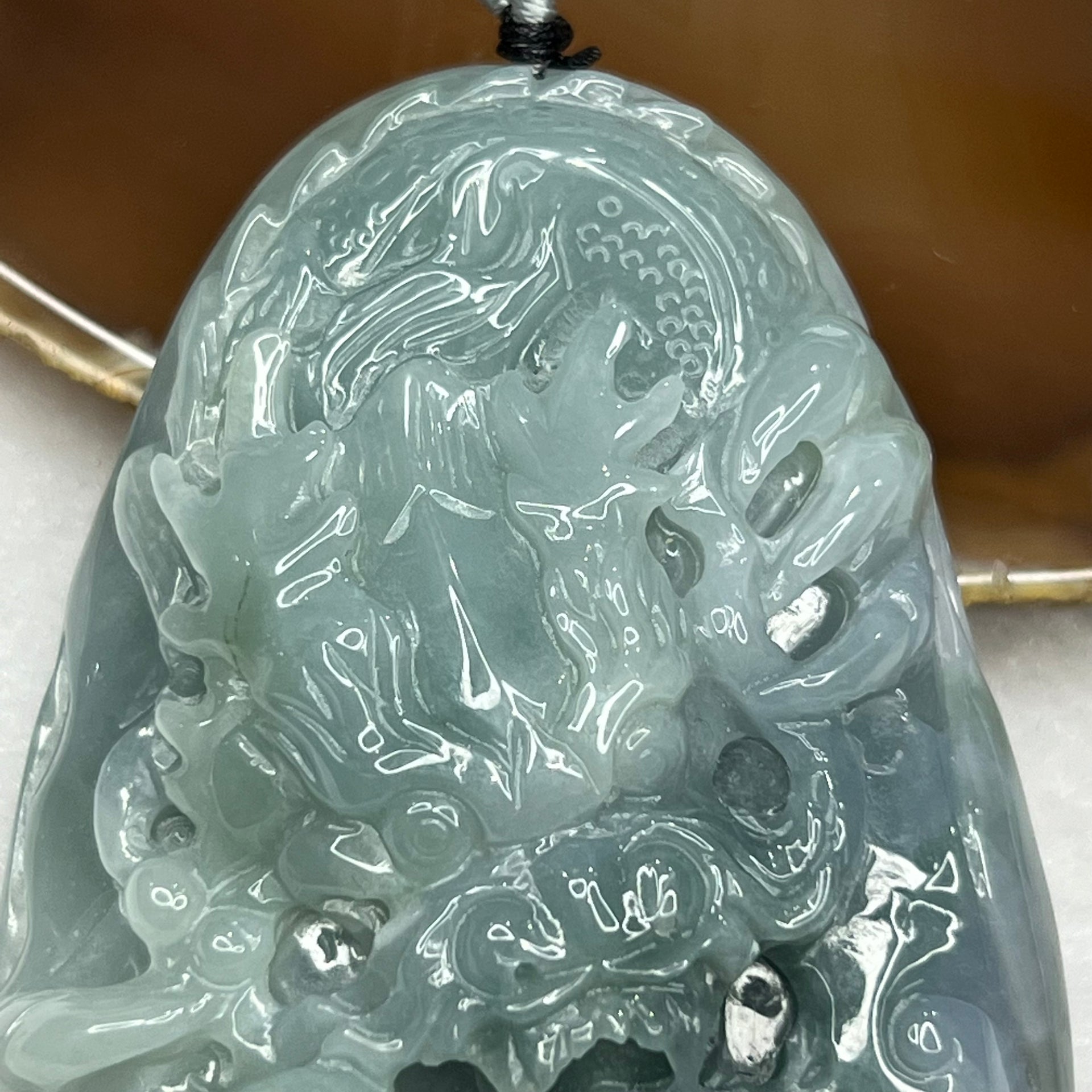 Type A Blueish Green and Lavender Jadeite Dragon Pendant 96.85g 73.0 by 51.0 by 15.8mm Feng Shui SG - Huangs Jadeite and Jewelry Pte Ltd