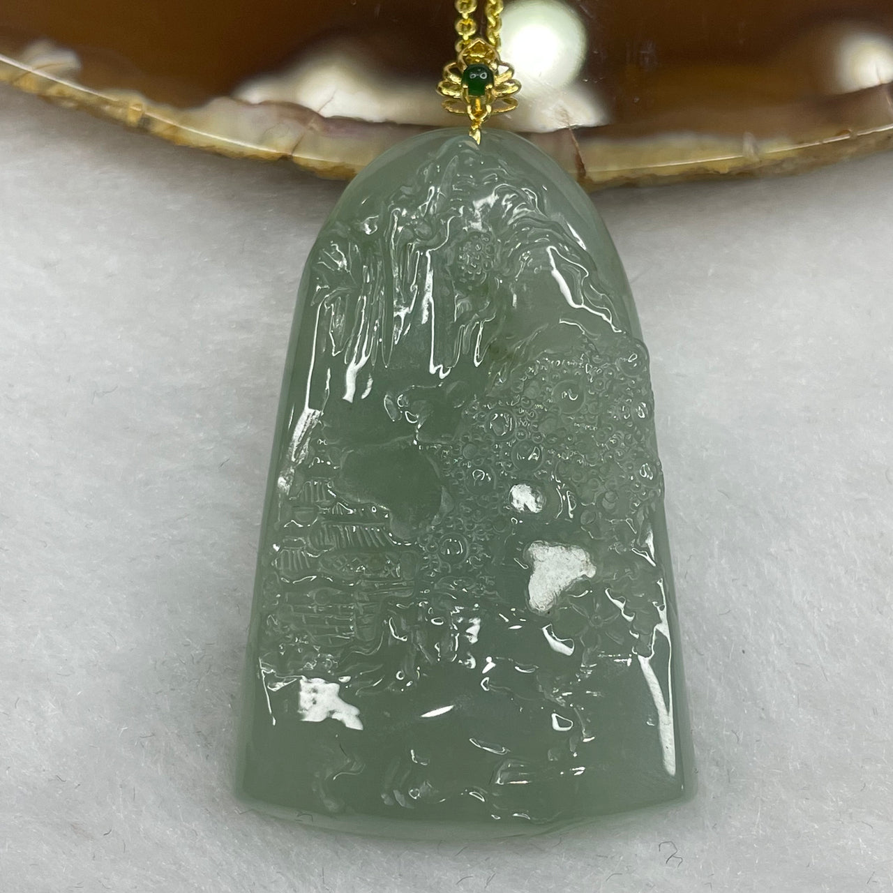 Grand Master Certified Type A Semi Icy Green Jade Jadeite Shan Shui Pendant with 18K Gold Clasp 14.70g 41.1 by 26.7 by 5.9mm - Huangs Jadeite and Jewelry Pte Ltd