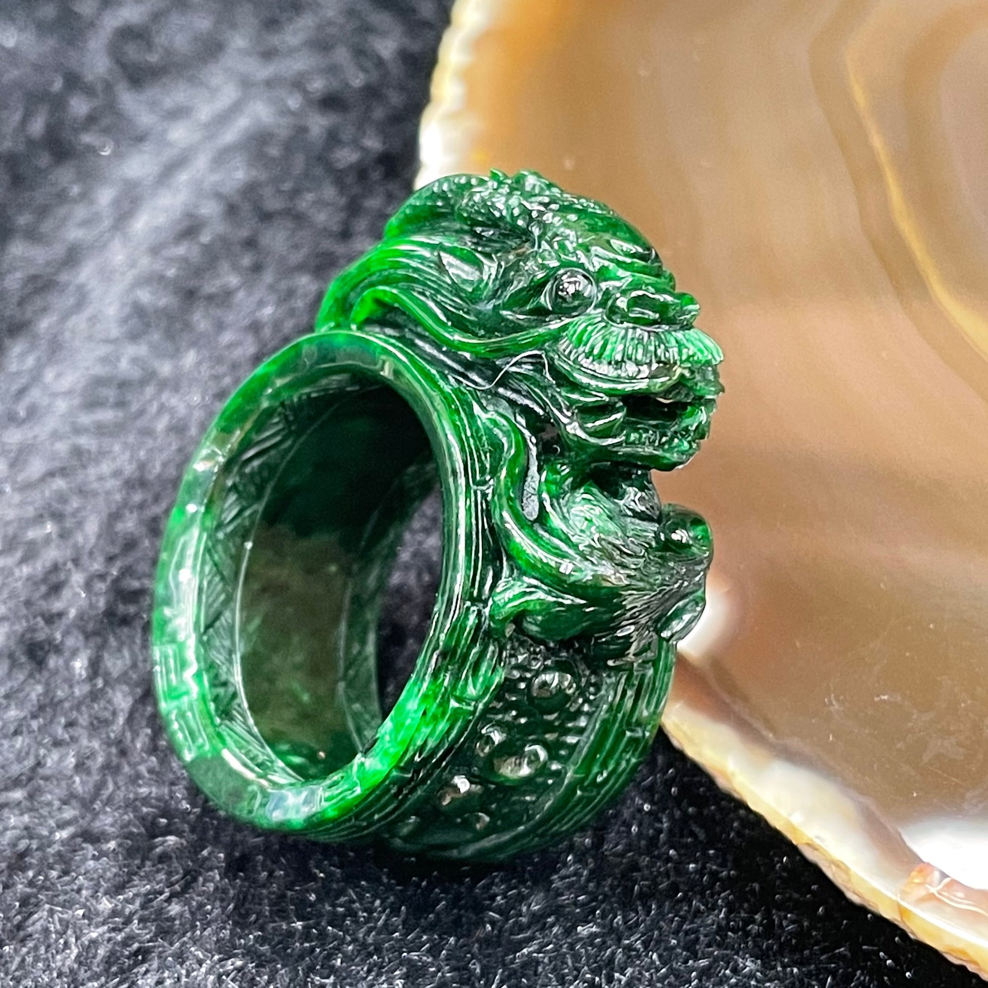 Rare Type A Burmese Jade Jadeite Old Mine Dragon Thumb Ring - 15.56g 37.5 by 15.8 by 28.2mm US 12 HK27 inner diameter 21.6mm - Huangs Jadeite and Jewelry Pte Ltd