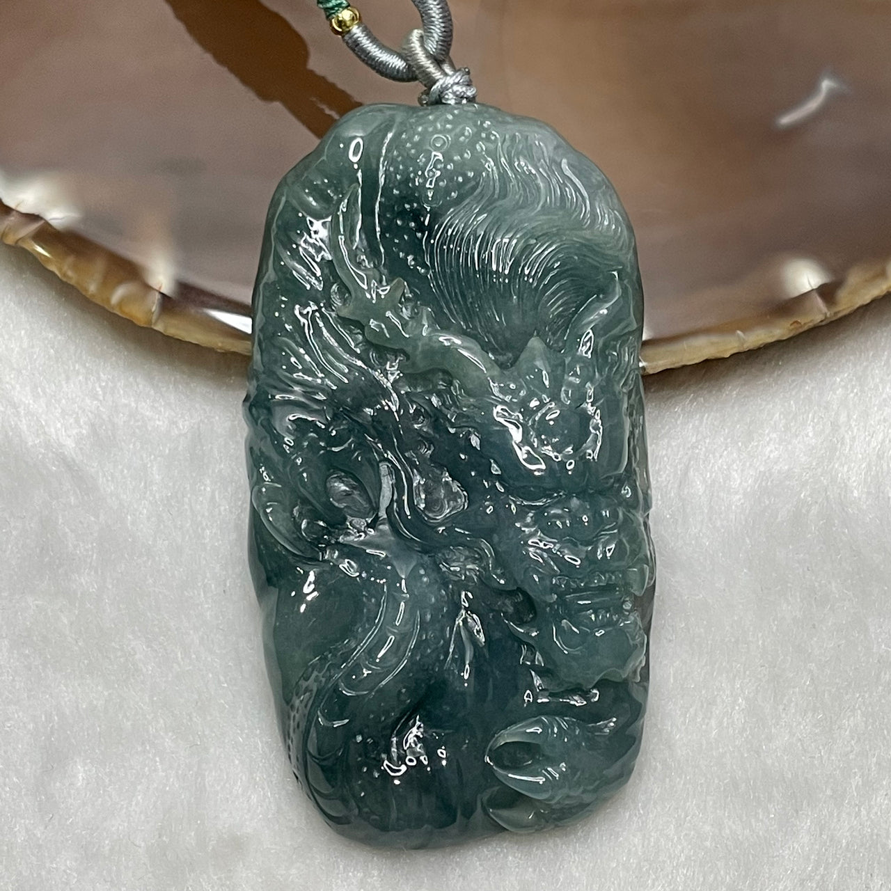 Type A Blue Green Jade Jadeite Dragon Necklace - 65.1g 72.8 by 39.4 by 10.9mm - Huangs Jadeite and Jewelry Pte Ltd