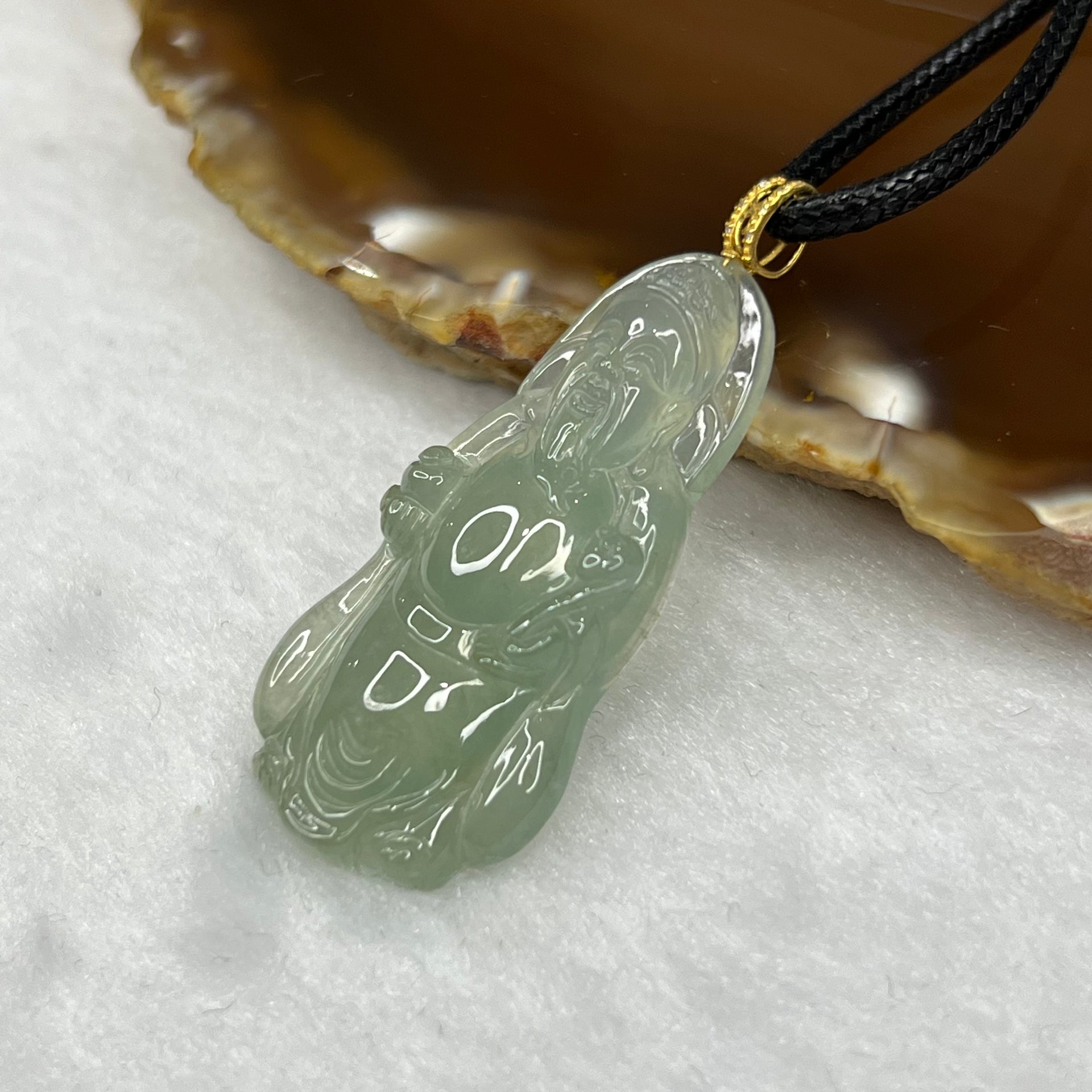 Type A Icy Green Cai Shen Ye Jade Jadeite Pendant with 18k Gold Clasp 8.90g 39.2 by 19.4 by 6.2 mm - Huangs Jadeite and Jewelry Pte Ltd