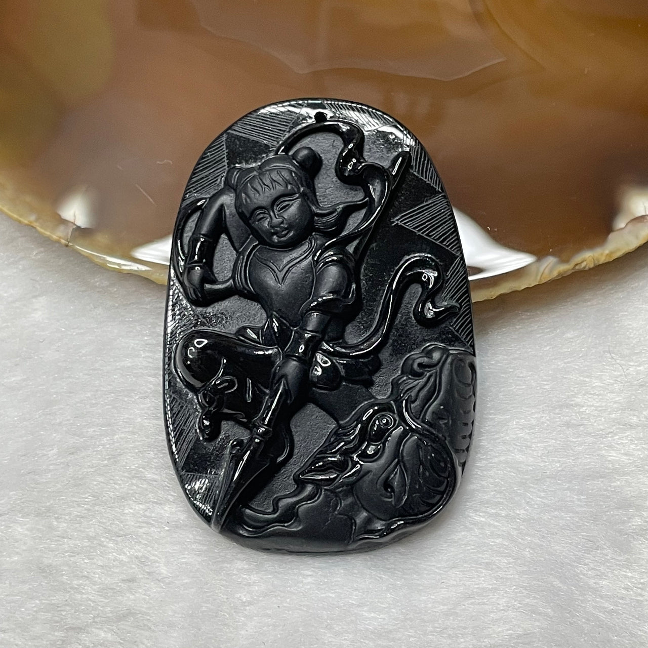 Type A Black Jade Jadeite Nezha 24.54g 63.7 by 42.5 by 7.5mm - Huangs Jadeite and Jewelry Pte Ltd