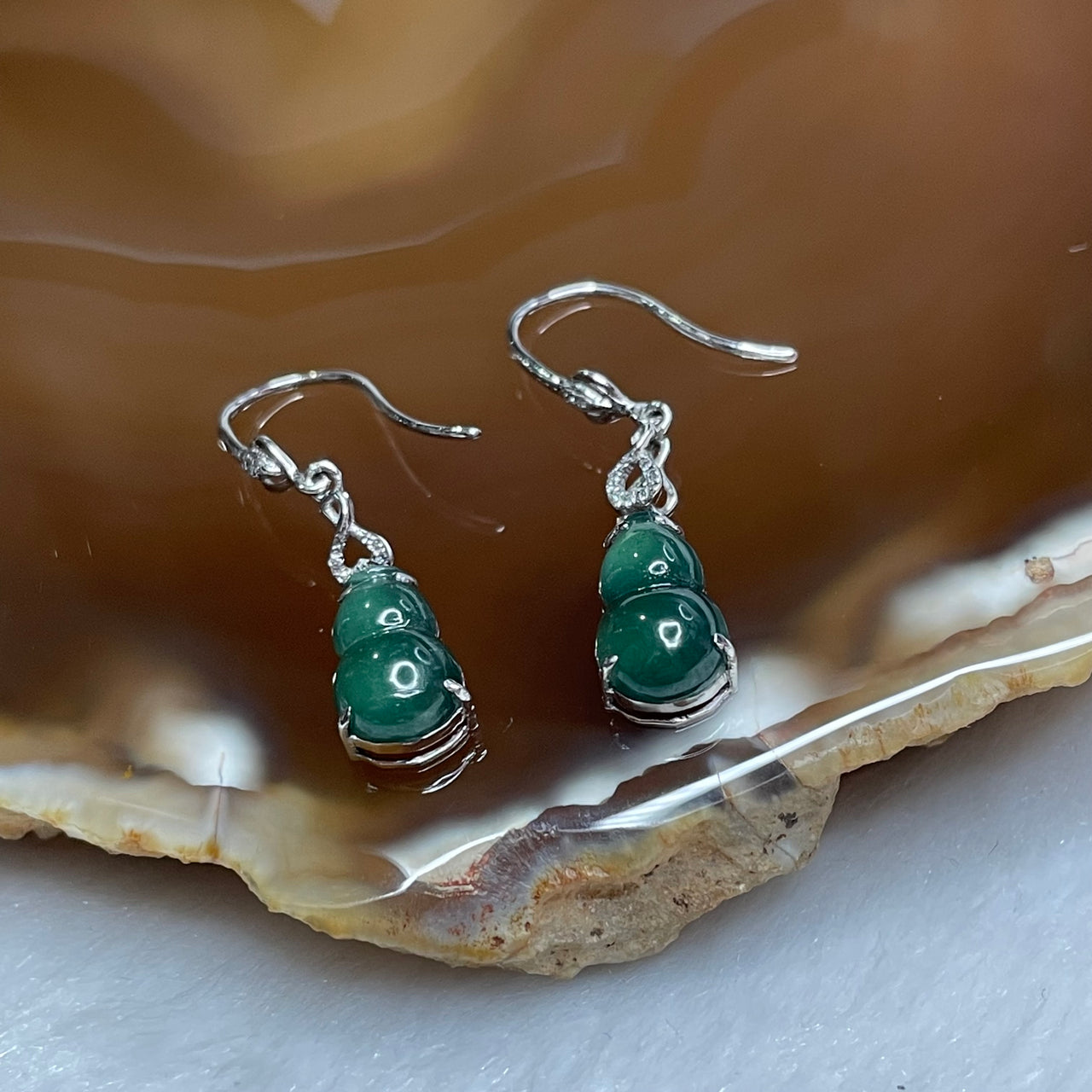 Type A Blueish Green Hulu Jade Jadeite Earrings 18k White Gold 2.02g 29.7 by 6.2 by 4.5mm - Huangs Jadeite and Jewelry Pte Ltd