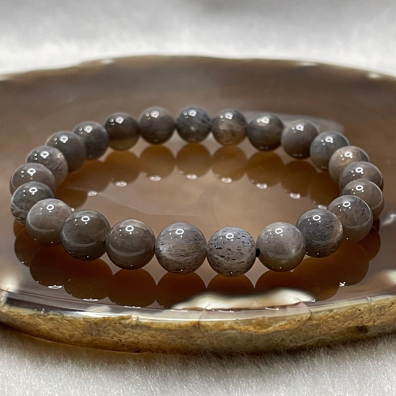 Natural Grey Sunstone Crystal Bracelet - 19.81g 8.8mm/bead 23 beads - Huangs Jadeite and Jewelry Pte Ltd