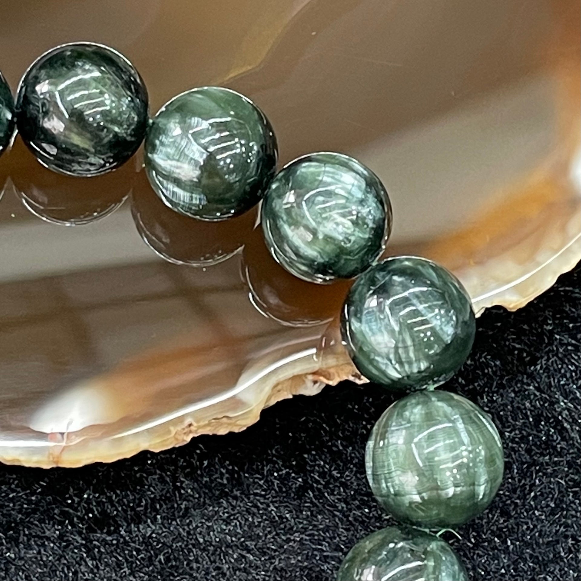 Natural Seraphinite Bracelet 绿龙晶 - 47.29g 12.5mm/bead 17 beads - Huangs Jadeite and Jewelry Pte Ltd